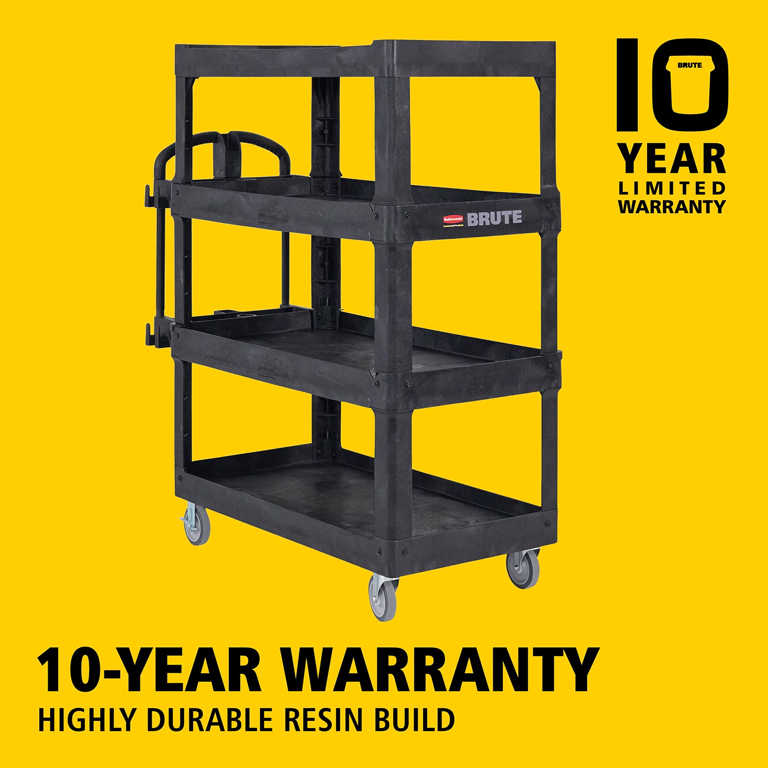 The BRUTE Heavy-Duty Utility Cart with Lipped Shelf transports materials, supplies, and heavy loads securely with up to 226Kg - 340Kg (size dependent) and option of 2,3 & 4 shelves for increased capacity. The lipped shelves prevents items from falling off the cart and features a premium ergonomic handle for easy manoeuvrability.