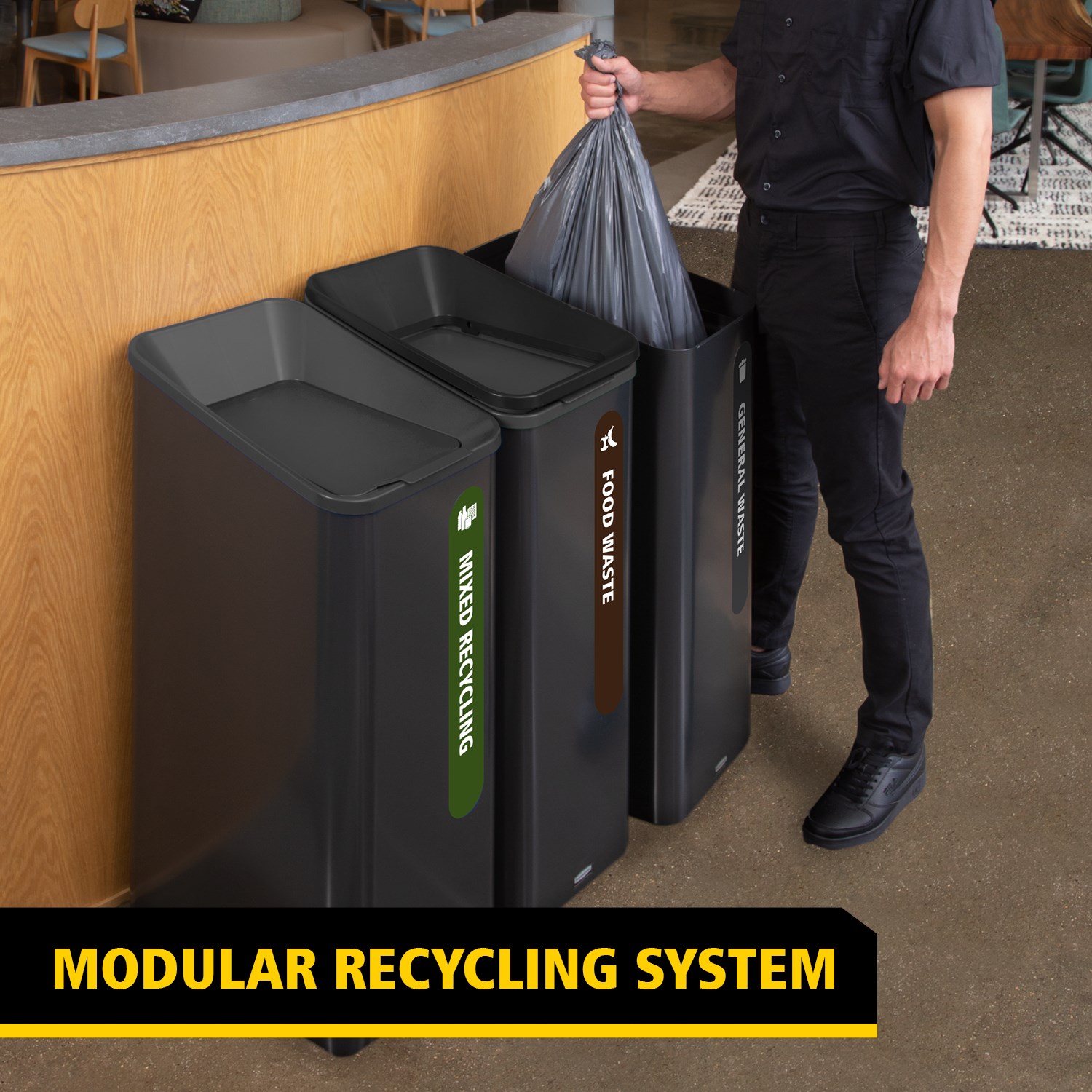 Sustain Containers are premium recycling stations designed to streamline waste separation, support sustainability goals, and complement modern commercial interiors.