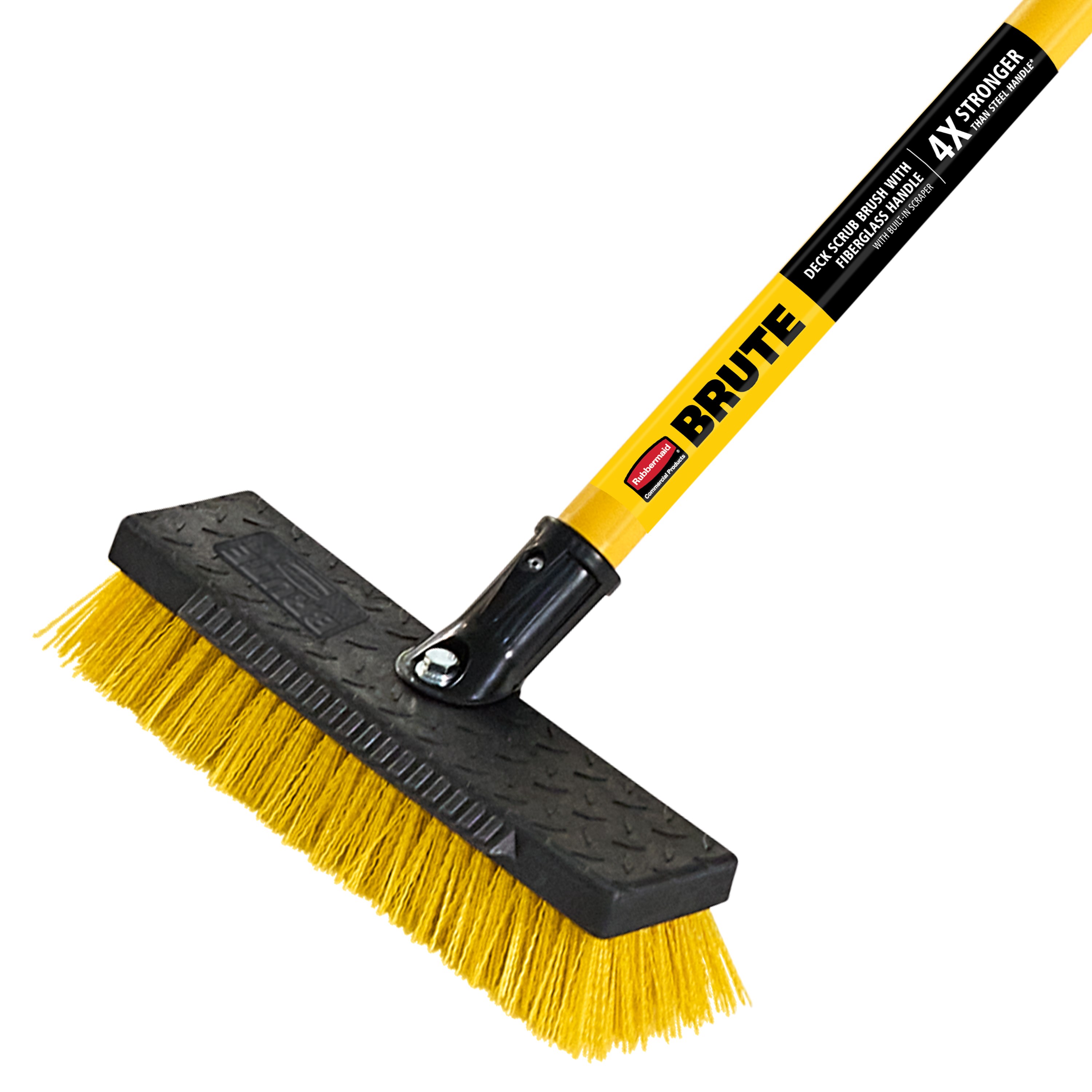 The Rubbermaid Commercial Products® BRUTE® Heavy-Duty Deck Scrub Brush is built for tough jobs. The secure 54 in fiberglass handle is engineered to be up to 4X stronger than steel, providing long-lasting durability.