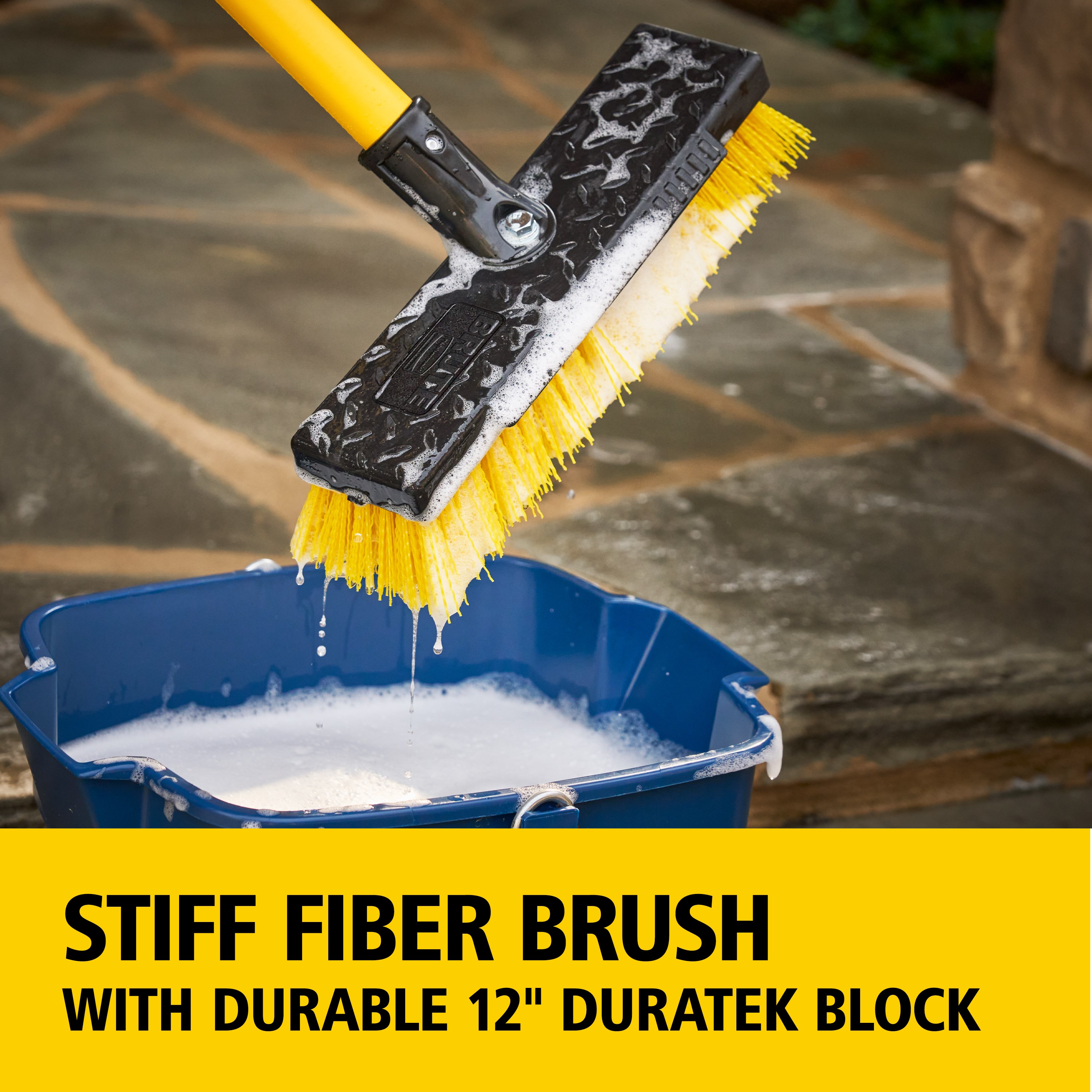 The Rubbermaid Commercial Products® BRUTE® Heavy-Duty Deck Scrub Brush is built for tough jobs. The secure 54 in fiberglass handle is engineered to be up to 4X stronger than steel, providing long-lasting durability.