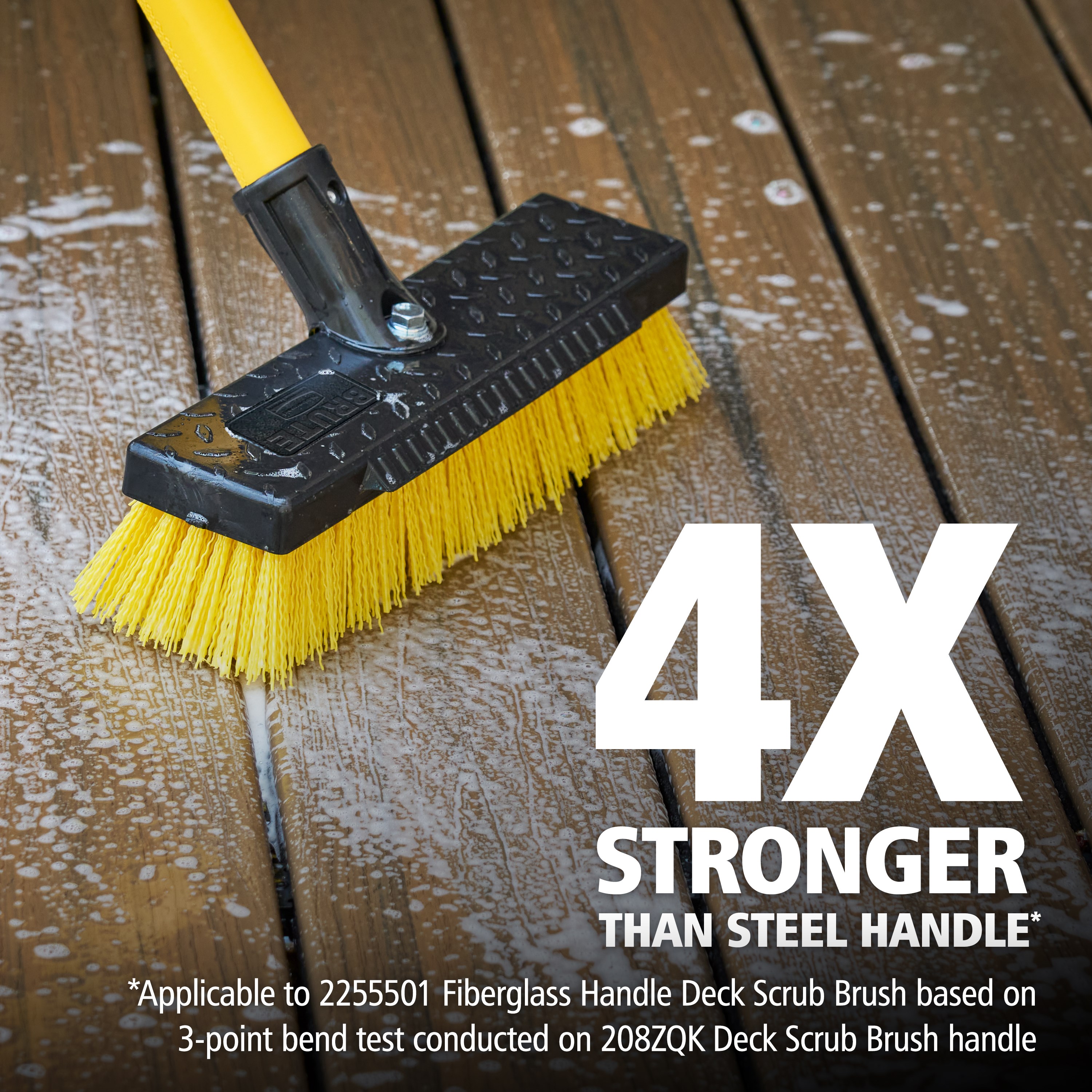 The Rubbermaid Commercial Products® BRUTE® Heavy-Duty Deck Scrub Brush is built for tough jobs. The secure 54 in fiberglass handle is engineered to be up to 4X stronger than steel, providing long-lasting durability.