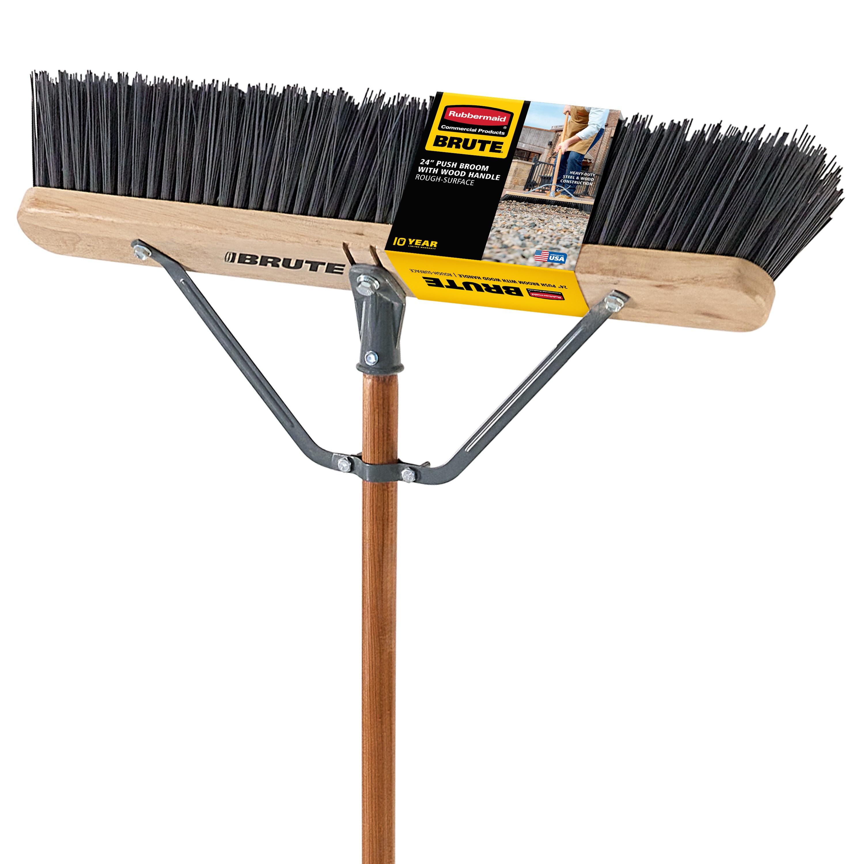 The Rubbermaid Commercial Products® BRUTE® 24 in Rough Surface Push Broom is designed to excel on medium to rough surfaces such as driveways, walkways, and parking lots. Stiff, 4 in extra-long polyethylene fibers easily move light gravel, nails, dirt, and leaves.