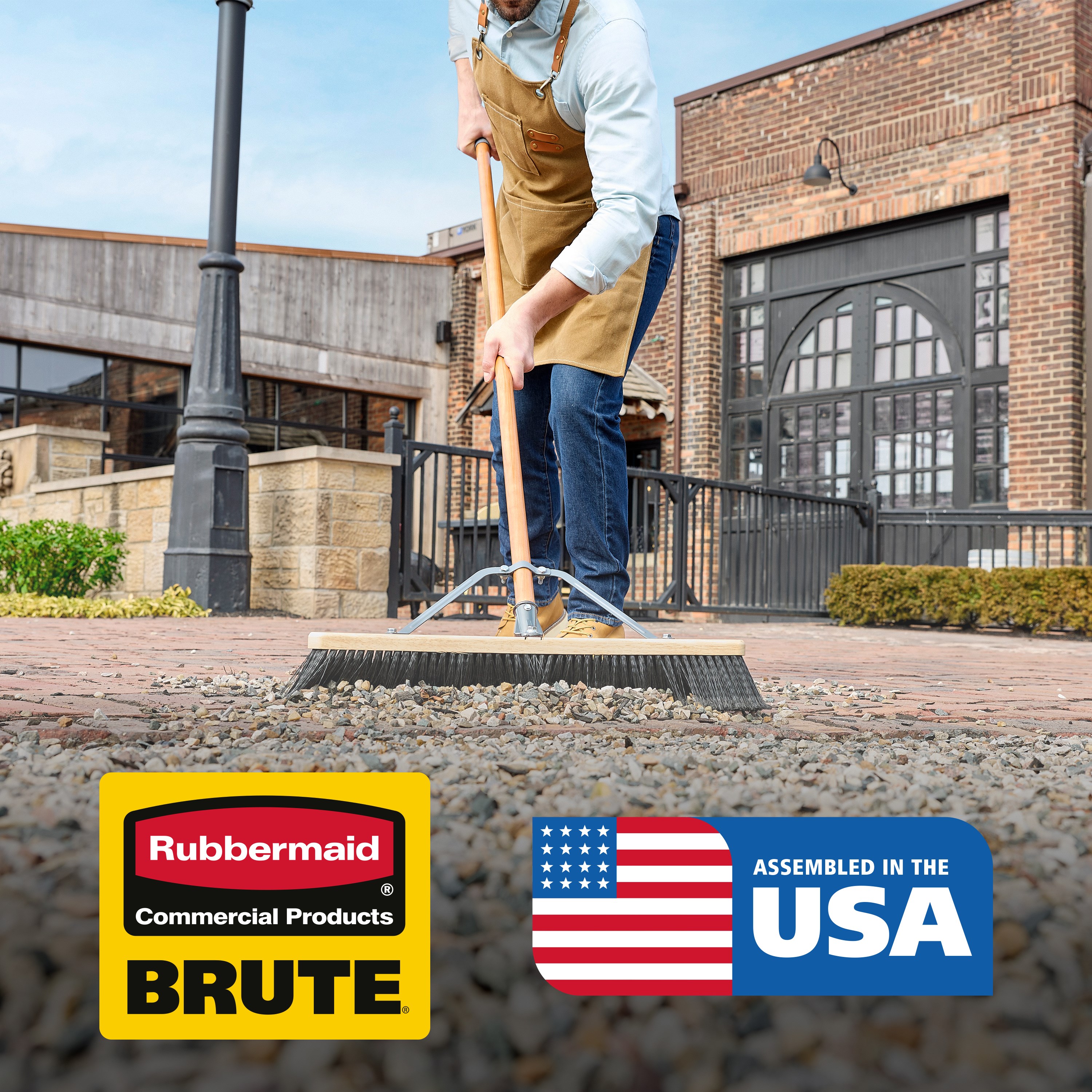 The Rubbermaid Commercial Products® BRUTE® 24 in Rough Surface Push Broom is designed to excel on medium to rough surfaces such as driveways, walkways, and parking lots. Stiff, 4 in extra-long polyethylene fibers easily move light gravel, nails, dirt, and leaves.