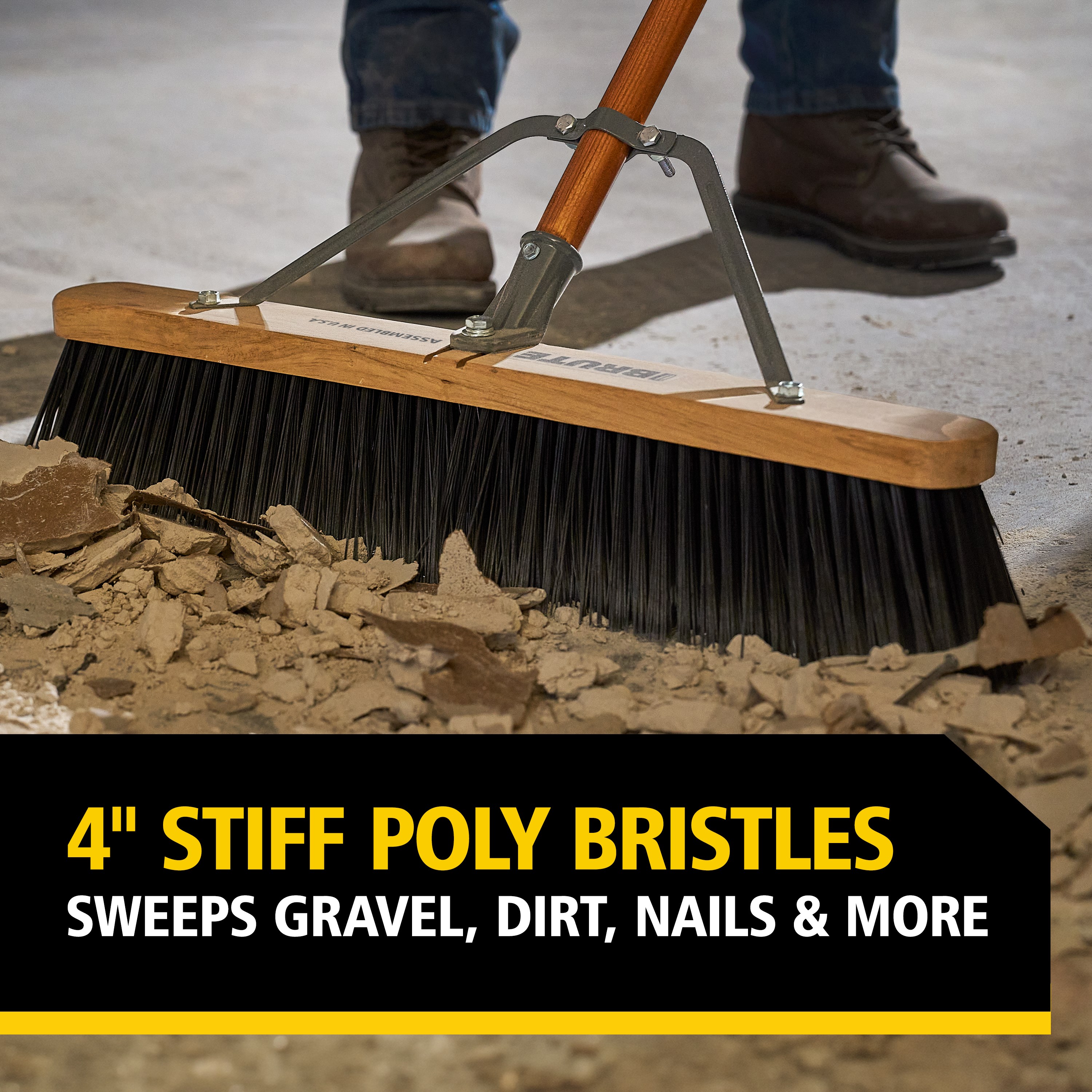 The Rubbermaid Commercial Products® BRUTE® 24 in Rough Surface Push Broom is designed to excel on medium to rough surfaces such as driveways, walkways, and parking lots. Stiff, 4 in extra-long polyethylene fibers easily move light gravel, nails, dirt, and leaves.