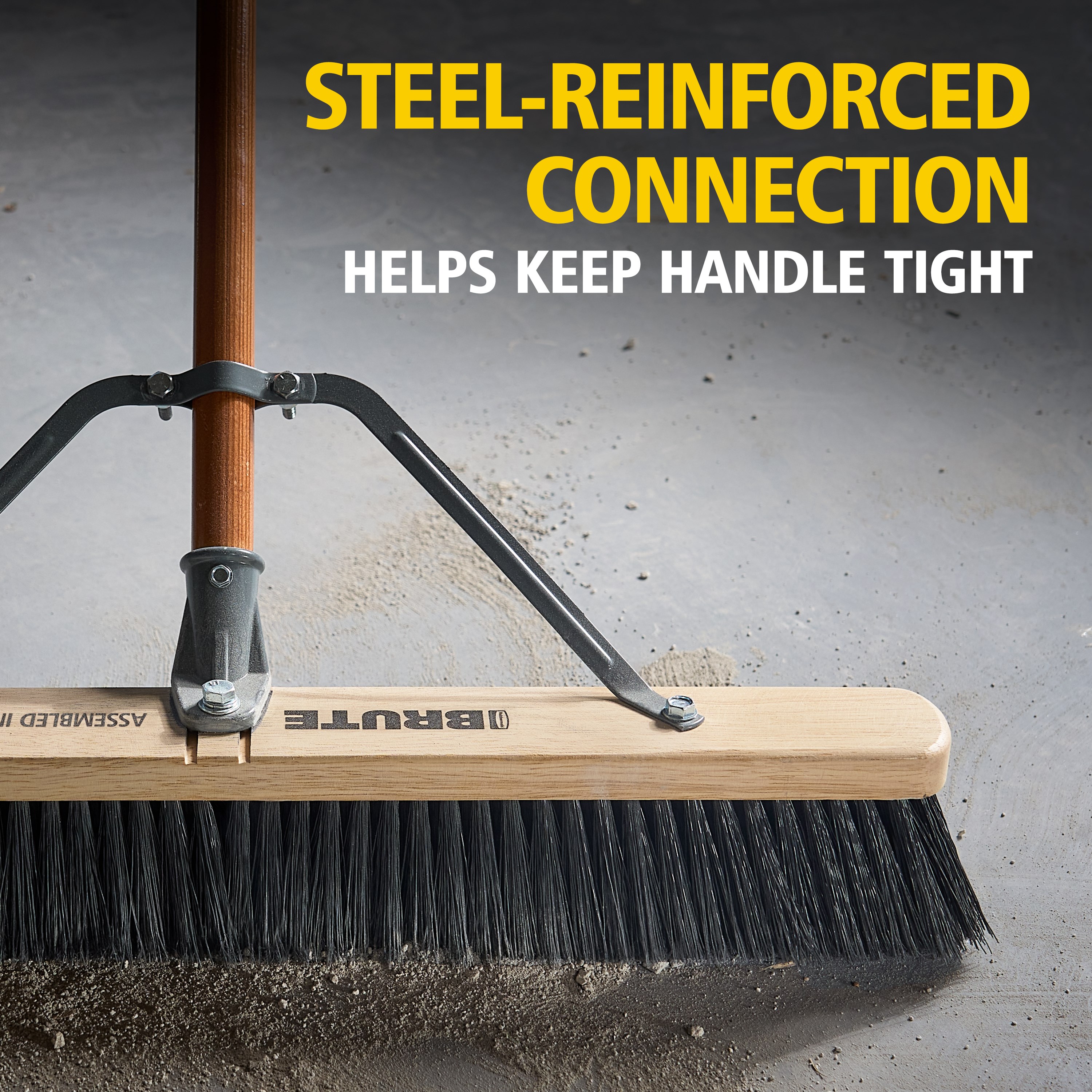 The Rubbermaid Commercial Products® BRUTE® 24 in Rough Surface Push Broom is designed to excel on medium to rough surfaces such as driveways, walkways, and parking lots. Stiff, 4 in extra-long polyethylene fibers easily move light gravel, nails, dirt, and leaves.