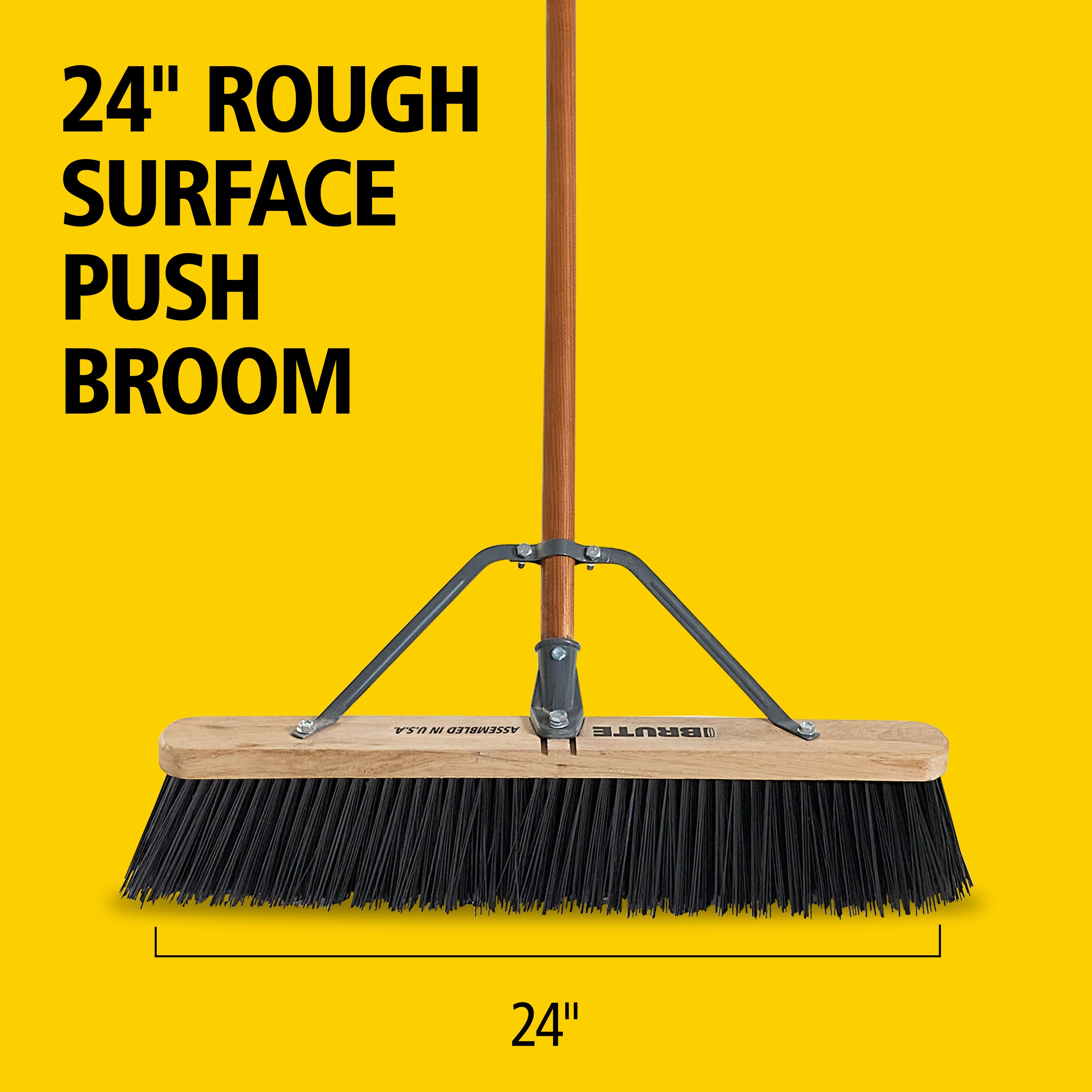 The Rubbermaid Commercial Products® BRUTE® 24 in Rough Surface Push Broom is designed to excel on medium to rough surfaces such as driveways, walkways, and parking lots. Stiff, 4 in extra-long polyethylene fibers easily move light gravel, nails, dirt, and leaves.