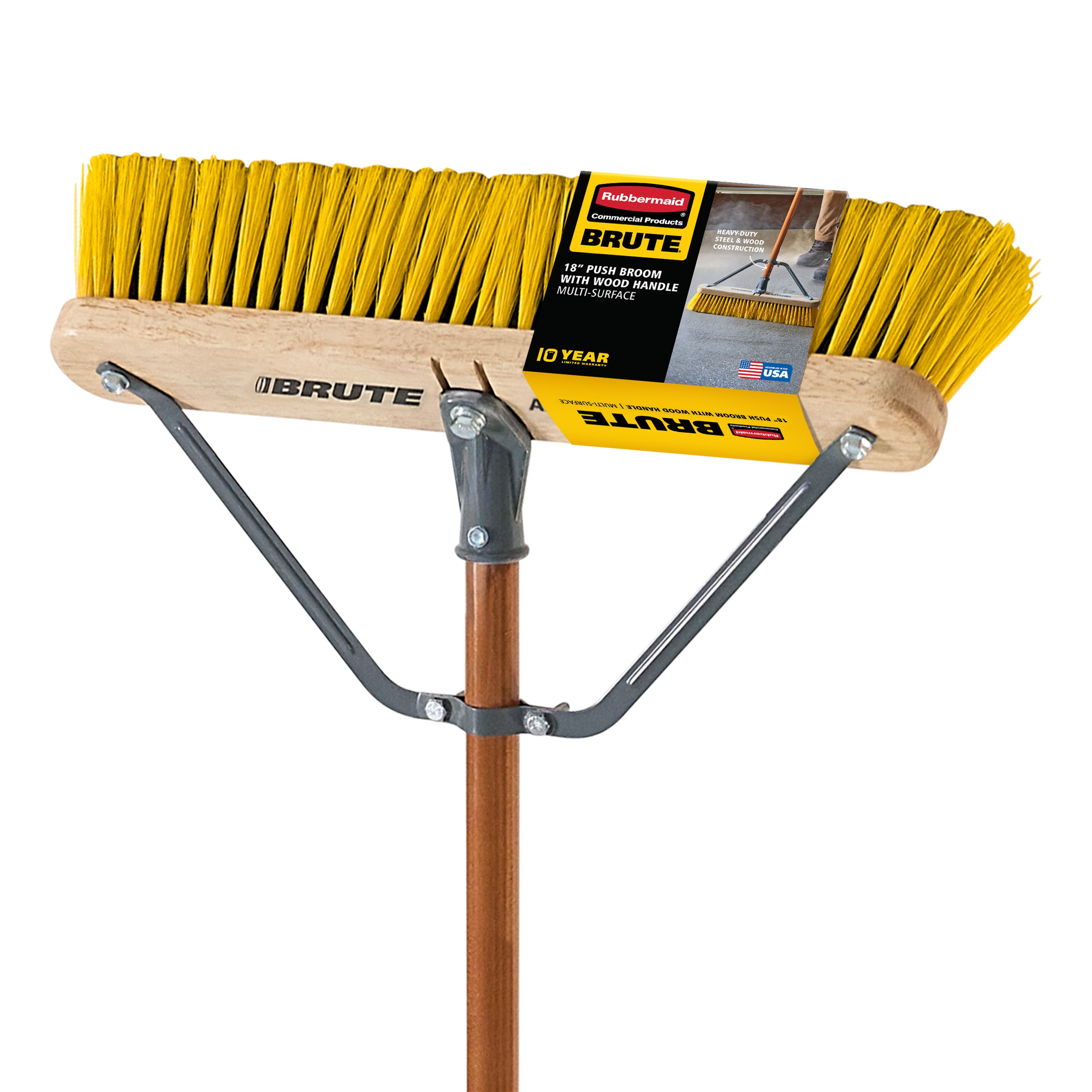 The Rubbermaid Commercial Products® BRUTE® 18 in Multi-Surface Push Broom is engineered for performance across medium to rough surfaces. Its three-fiber blend effectively sweeps everything from fine dust to larger debris.
