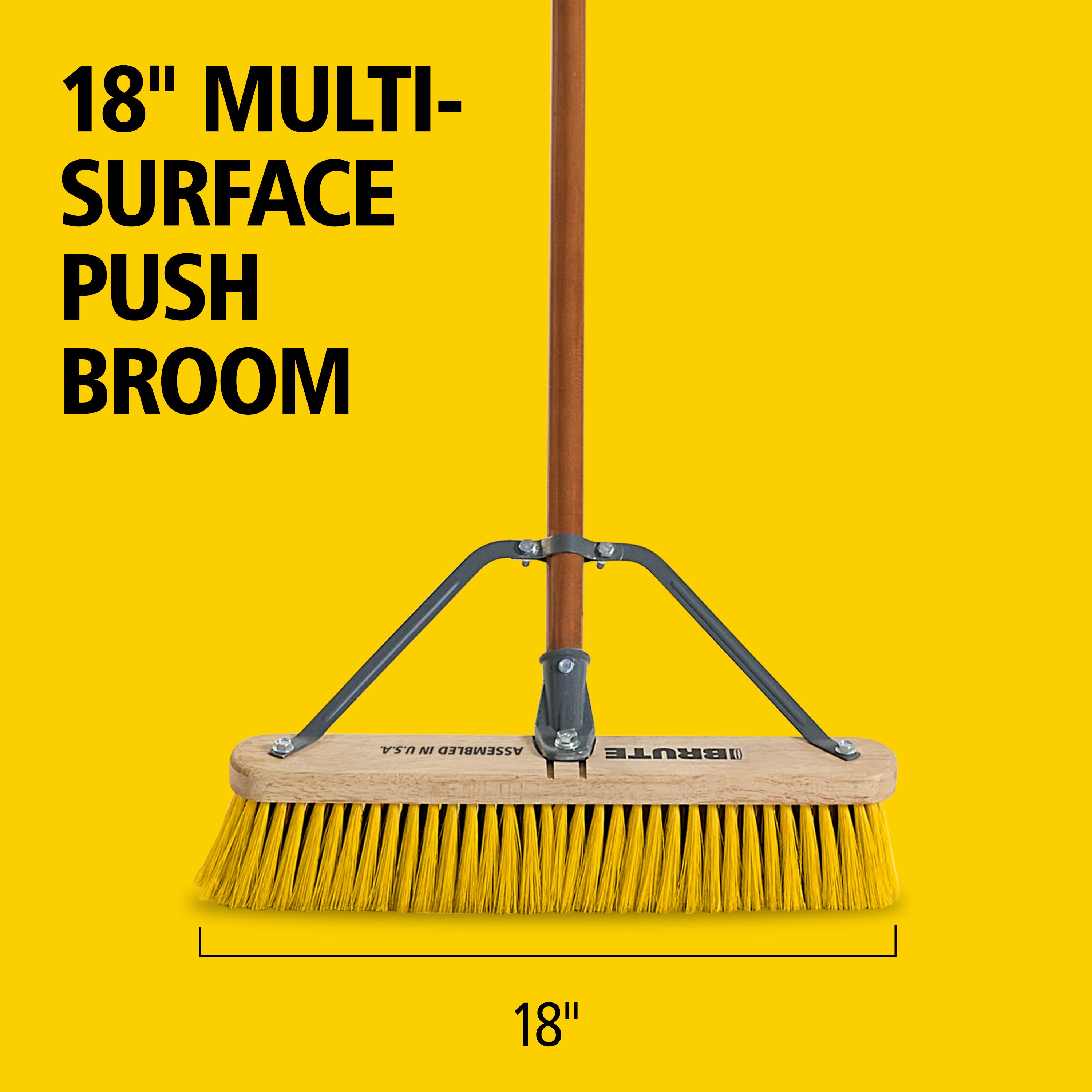 The Rubbermaid Commercial Products® BRUTE® 18 in Multi-Surface Push Broom is engineered for performance across medium to rough surfaces. Its three-fiber blend effectively sweeps everything from fine dust to larger debris.
