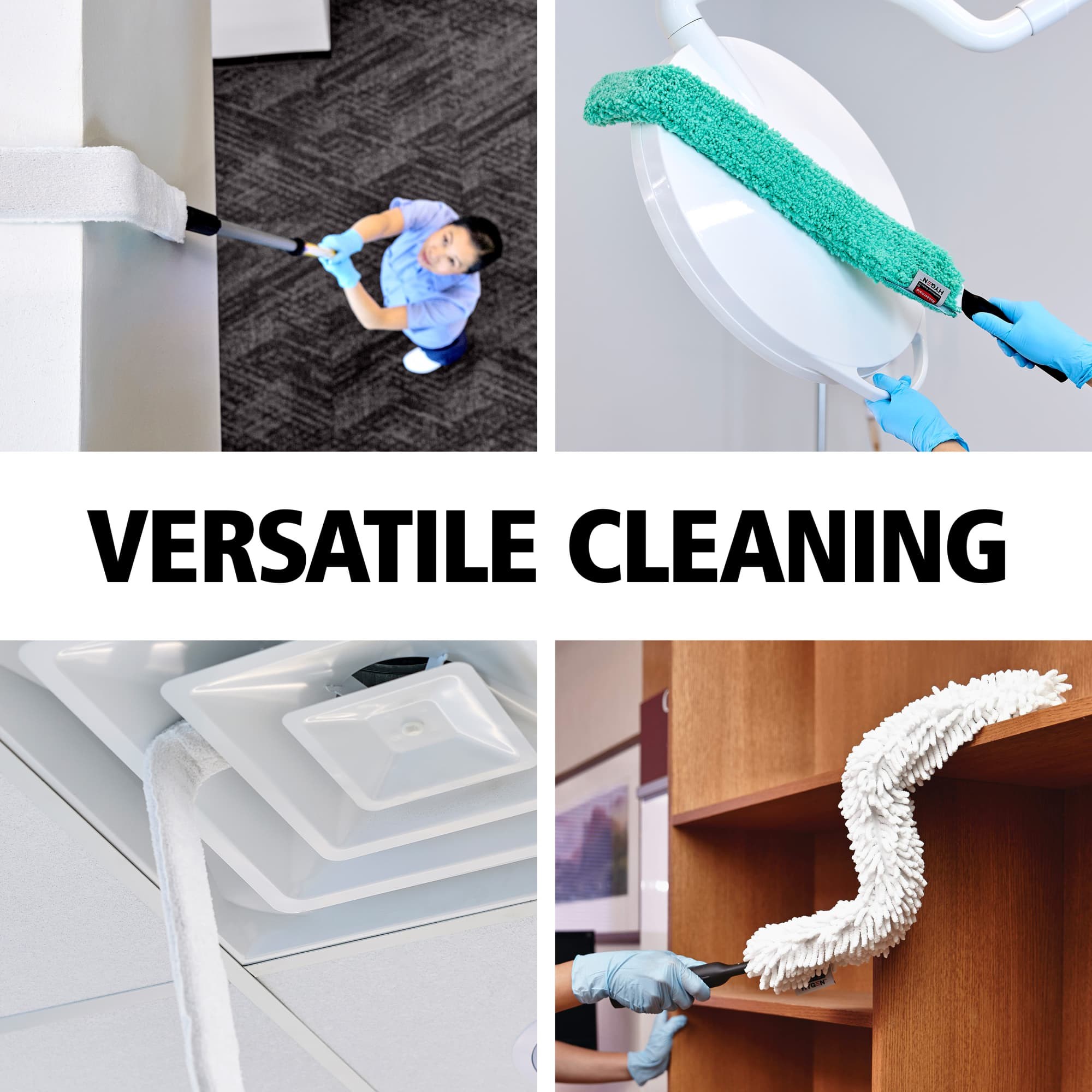 HYGEN Microfiber Quick-Connect Flexi-Wand and Disposable Duster makes it easy to remove dust from crevices, irregular surfaces, and hard-to-reach areas. Its flexible design bends and conforms to uniquely-shaped fixtures for optimal surface contact when cleaning vents, crown molding, furniture, tops of cabinets, ceilings, and more.