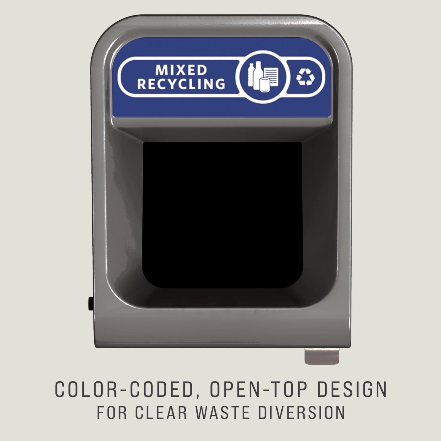 The Configure™ Decorative Waste Containers provide a recycling solution with sleek, smooth surfaces and contoured edges. This recycling system has a modern appearance that will fit seamlessly into any indoor or outdoor commercial environment. Please note: this SKU is a Configure™ 1-Stream 23 Gallon container with a "Mixed Recycling" label.