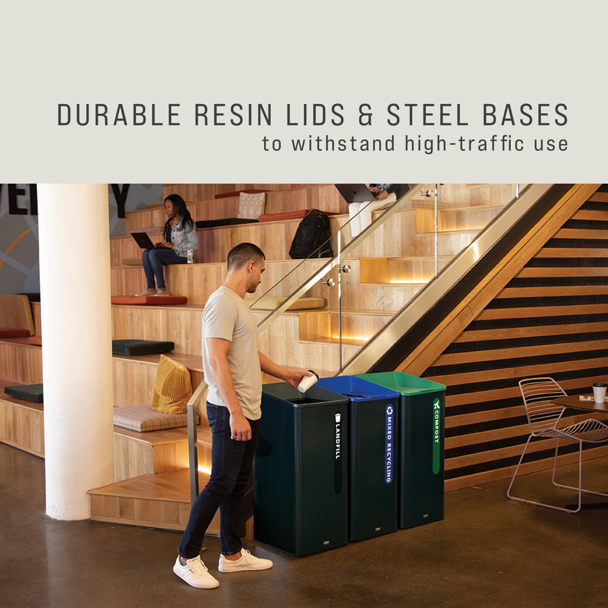 Sustain Containers are a decorative and adaptable recycling solution made to improve your facility's sustainability compliance.