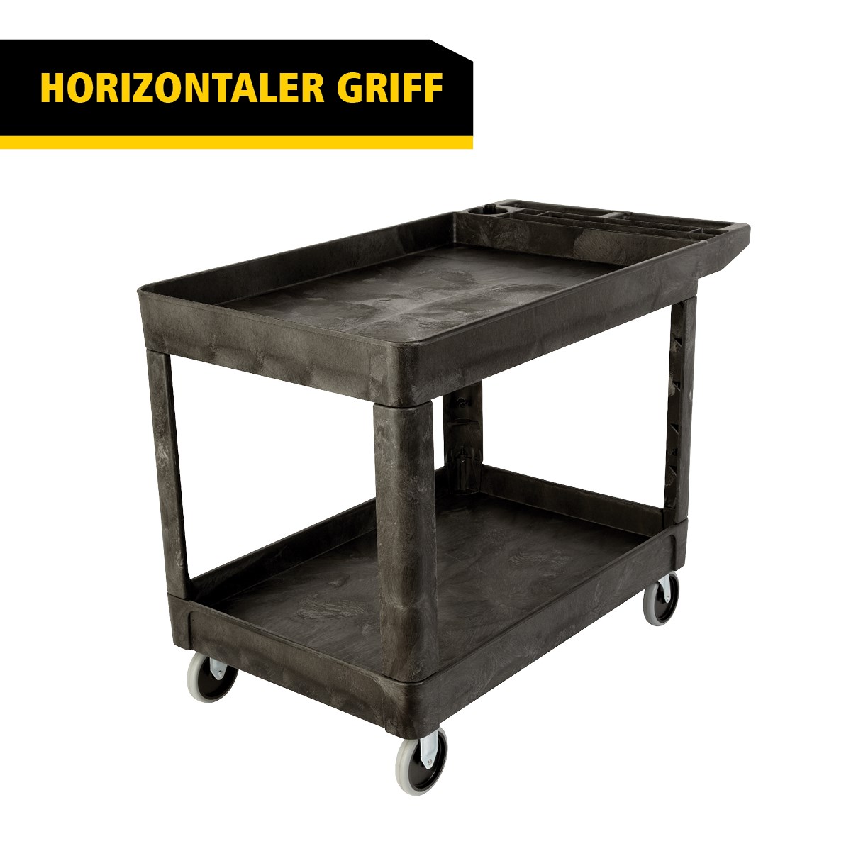 Der Heavy-Duty Mehrzweckwagen mit erhöhten Rändern transportiert Materialien und schwere Lasten sicher bis zu 226 kg. Die erhöhten Ränder verhindern das Herunterfallen von Gegenständen.