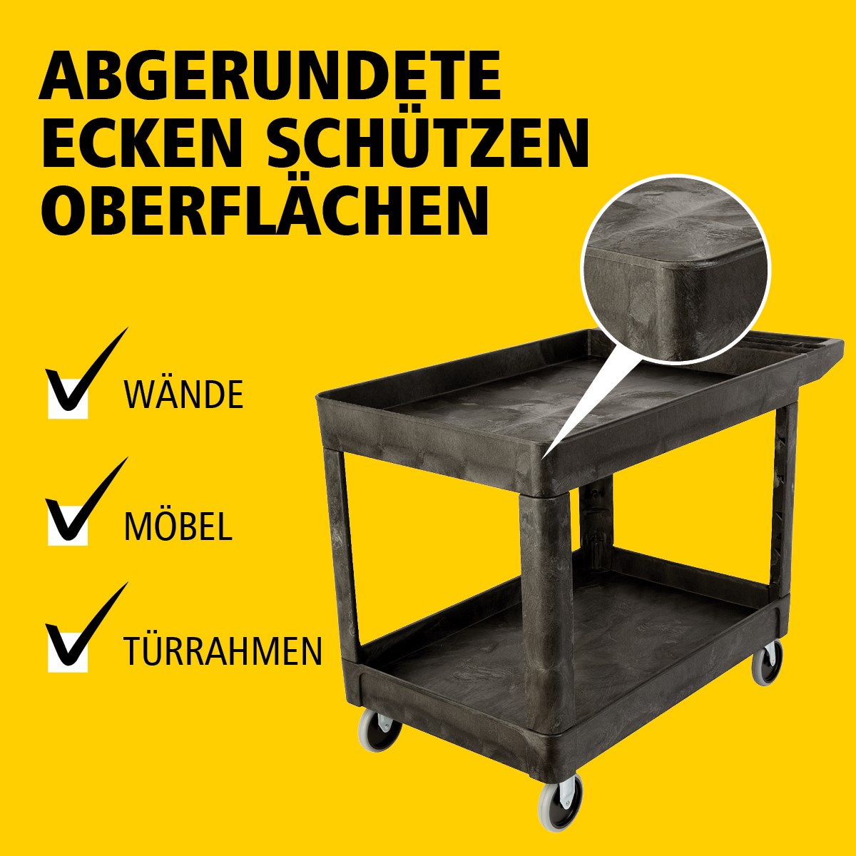 Der Heavy-Duty Mehrzweckwagen mit erhöhten Rändern transportiert Materialien und schwere Lasten sicher bis zu 226 kg. Die erhöhten Ränder verhindern das Herunterfallen von Gegenständen.