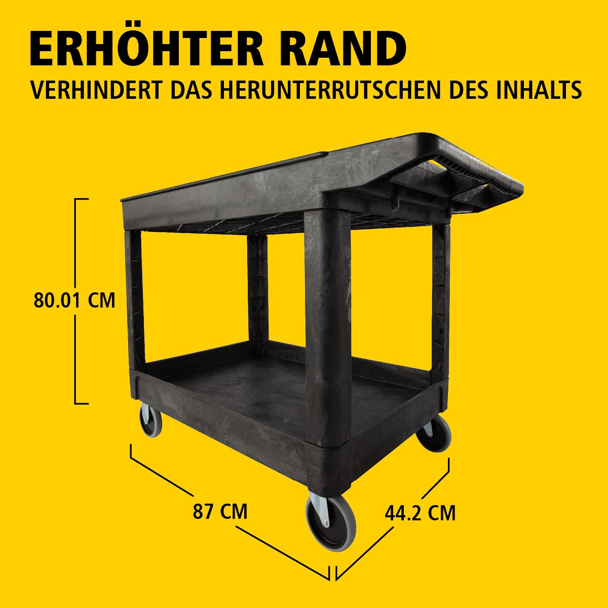 Der Heavy-Duty Mehrzweckwagen mit erhöhten Rändern transportiert Materialien und schwere Lasten sicher bis zu 226 kg. Die erhöhten Ränder verhindern das Herunterfallen von Gegenständen.