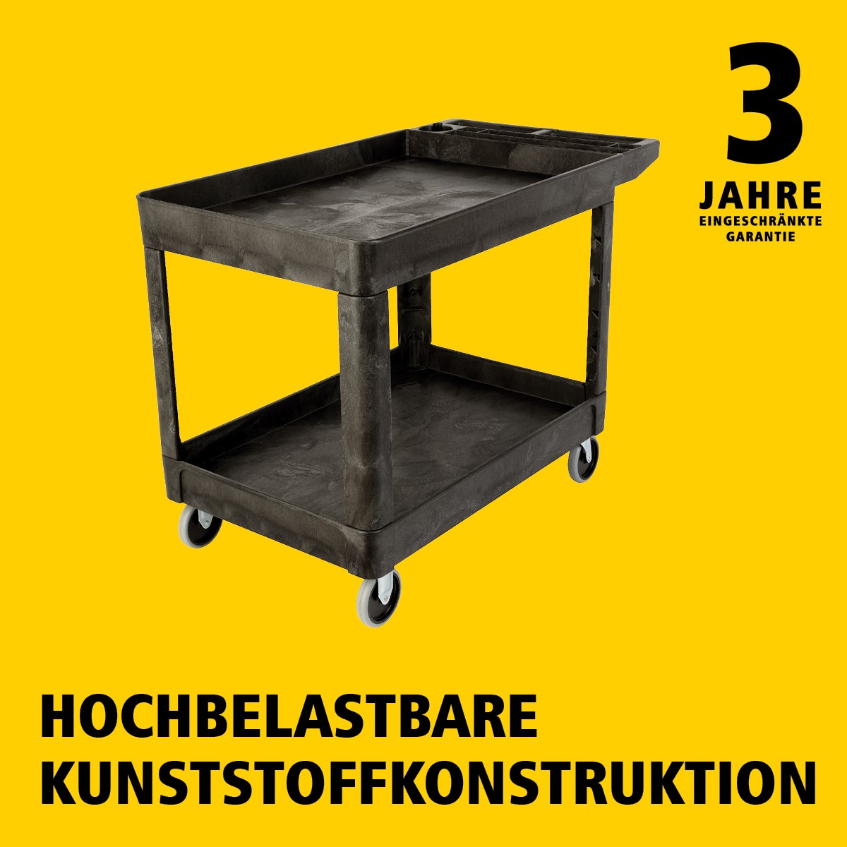 Der Heavy-Duty Mehrzweckwagen mit erhöhten Rändern transportiert Materialien und schwere Lasten sicher bis zu 226 kg. Die erhöhten Ränder verhindern das Herunterfallen von Gegenständen.