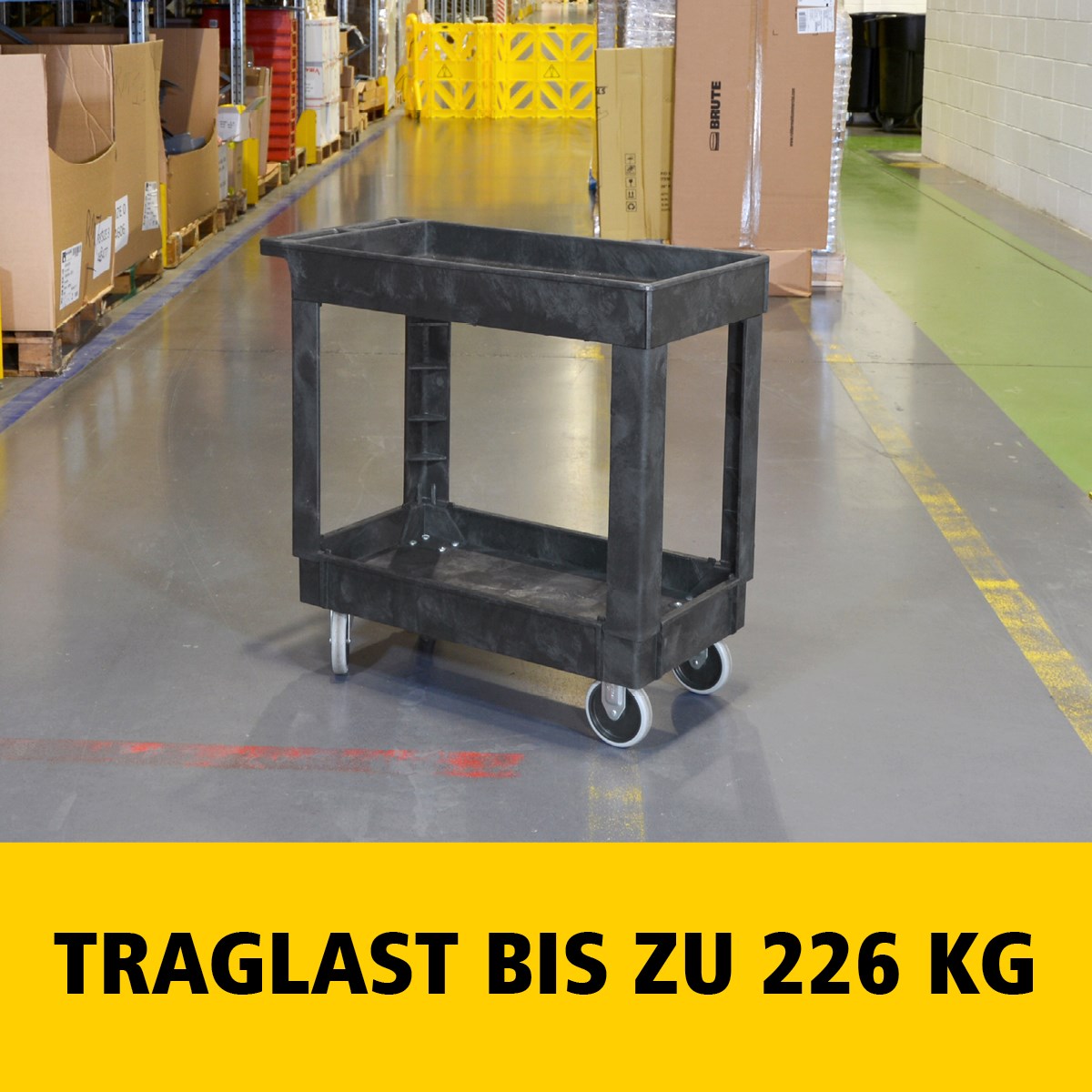 Der Heavy-Duty Mehrzweckwagen mit erhöhten Rändern transportiert Materialien und schwere Lasten sicher bis zu 226 kg. Die erhöhten Ränder verhindern das Herunterfallen von Gegenständen.