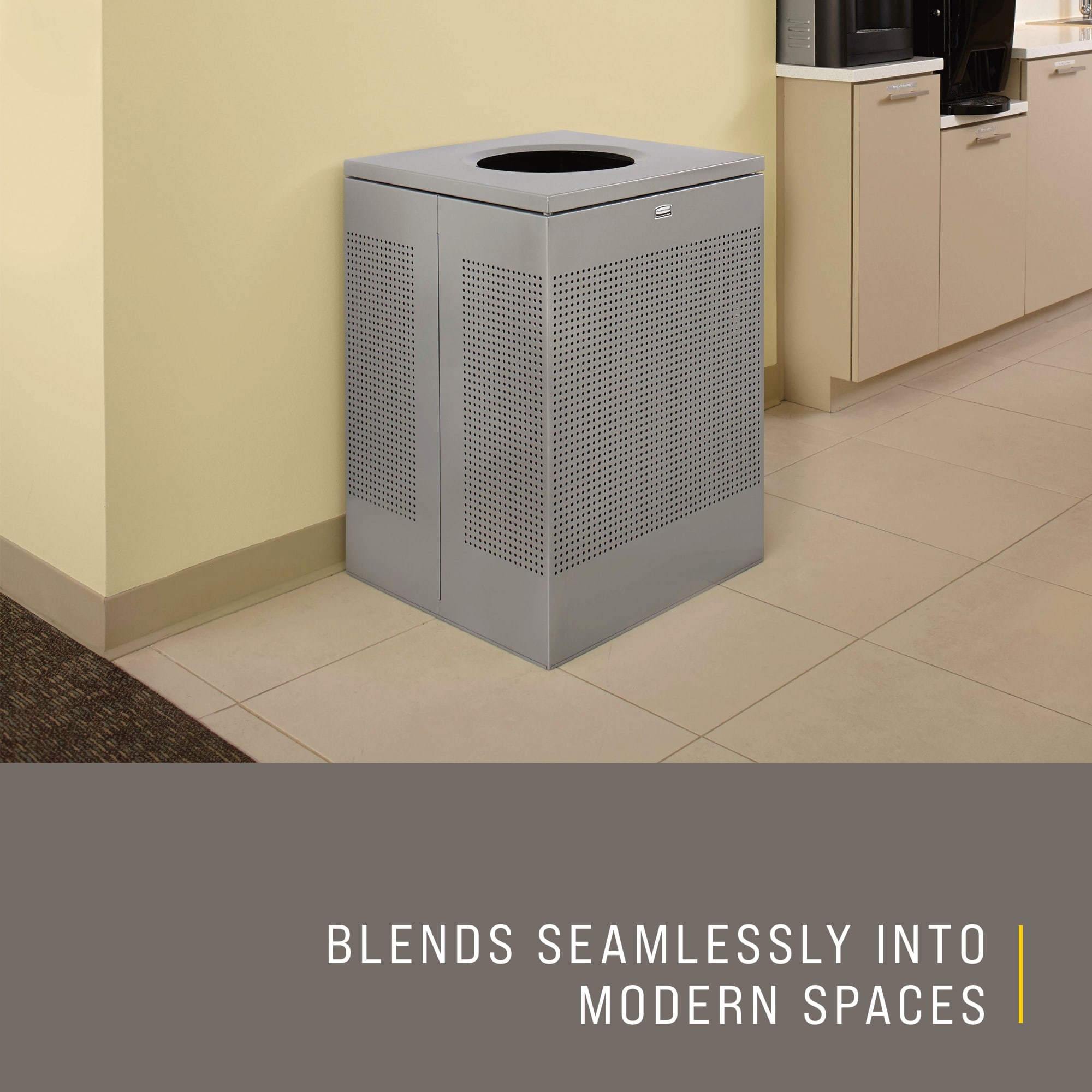 The sleek Silhouettes 16 Gallon FGSC14 Decorative Square Indoor Waste Container has a contemporary perforated pattern designed to seamlessly and beautifully blend with modern facilities and environments. High-quality materials and craftsmanship ensure containers can withstand the rigors of everyday use.