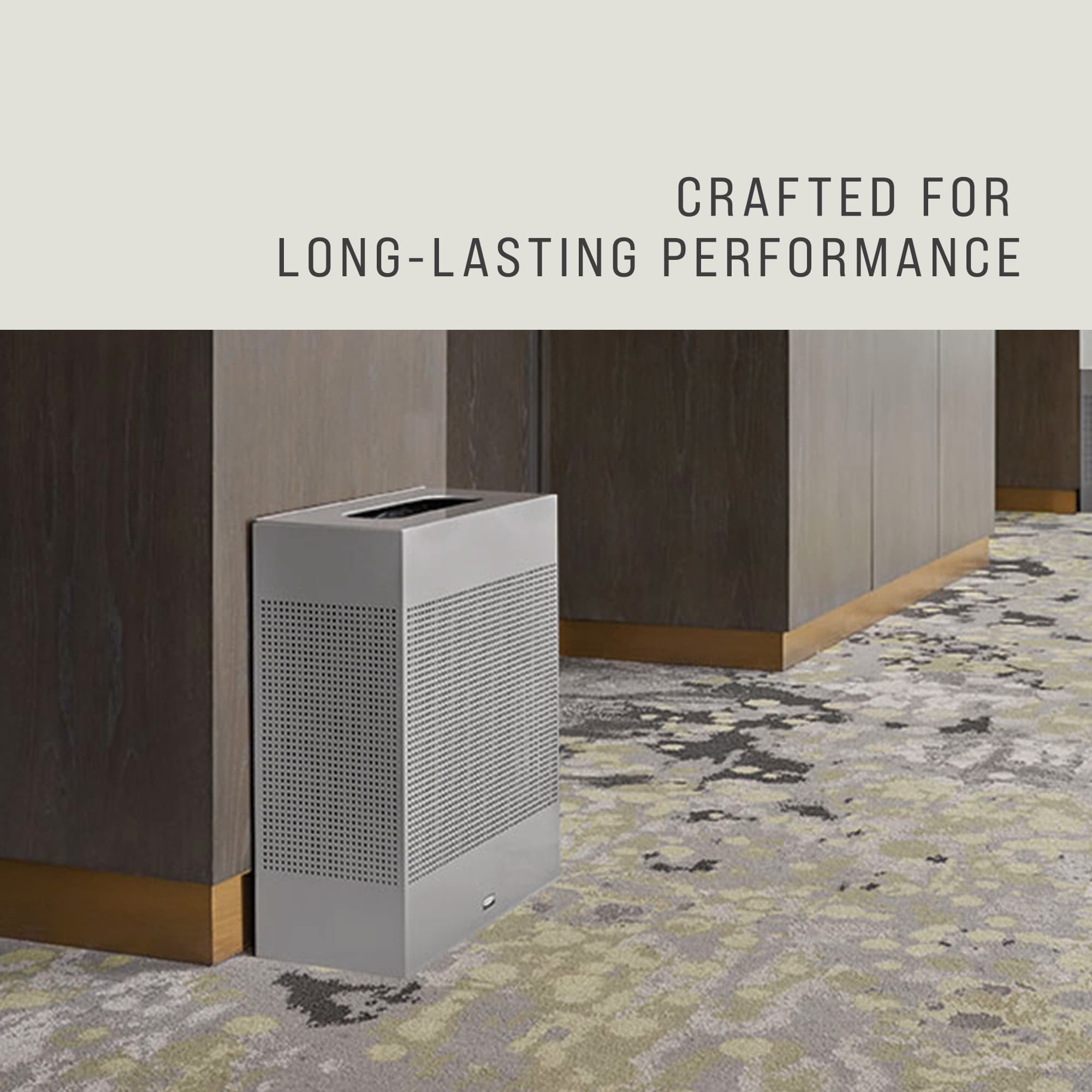 The sleek Silhouettes 22.5 Gallon FGSR18 Decorative Rectangle Indoor Waste Container has a contemporary perforated pattern designed to seamlessly and beautifully blend with modern facilities and environments. High-quality materials and craftsmanship ensure containers can withstand the rigors of everyday use.