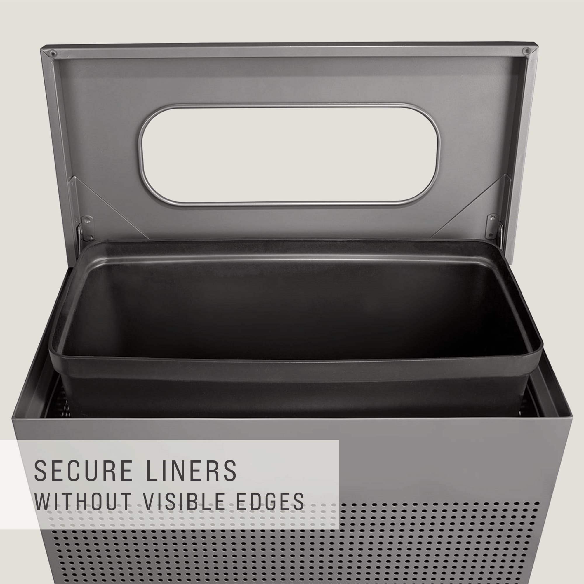 The sleek Silhouettes 22.5 Gallon FGSR18 Decorative Rectangle Indoor Waste Container has a contemporary perforated pattern designed to seamlessly and beautifully blend with modern facilities and environments. High-quality materials and craftsmanship ensure containers can withstand the rigors of everyday use.