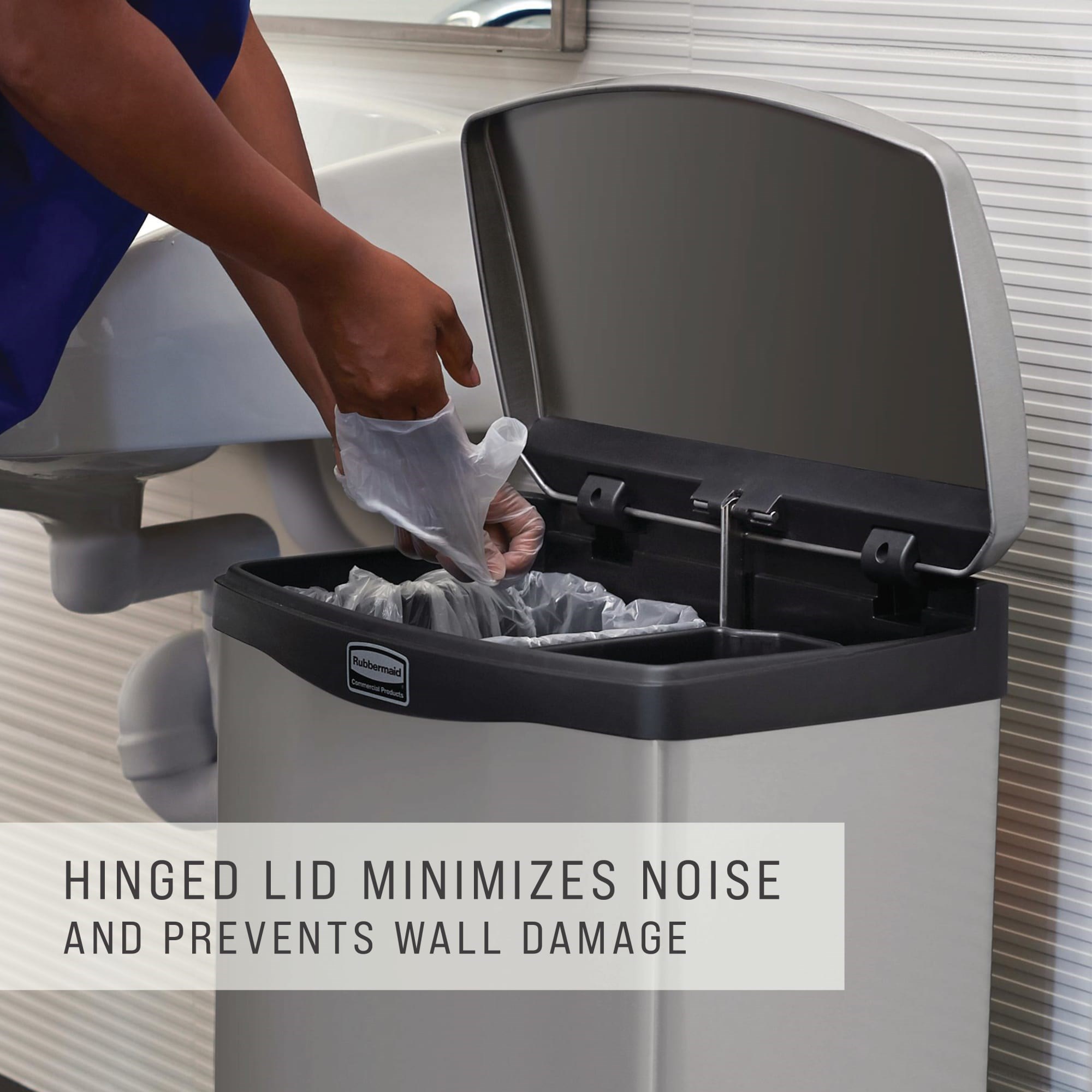 The Rubbermaid Commercial Impressions™ Step-On Container features a slim profile and small footprint to fit in tightest spaces. Impressions™ Step-On containers are constructed with premium-quality materials and meet the needs of any environment with efficiency, safety, and durability.