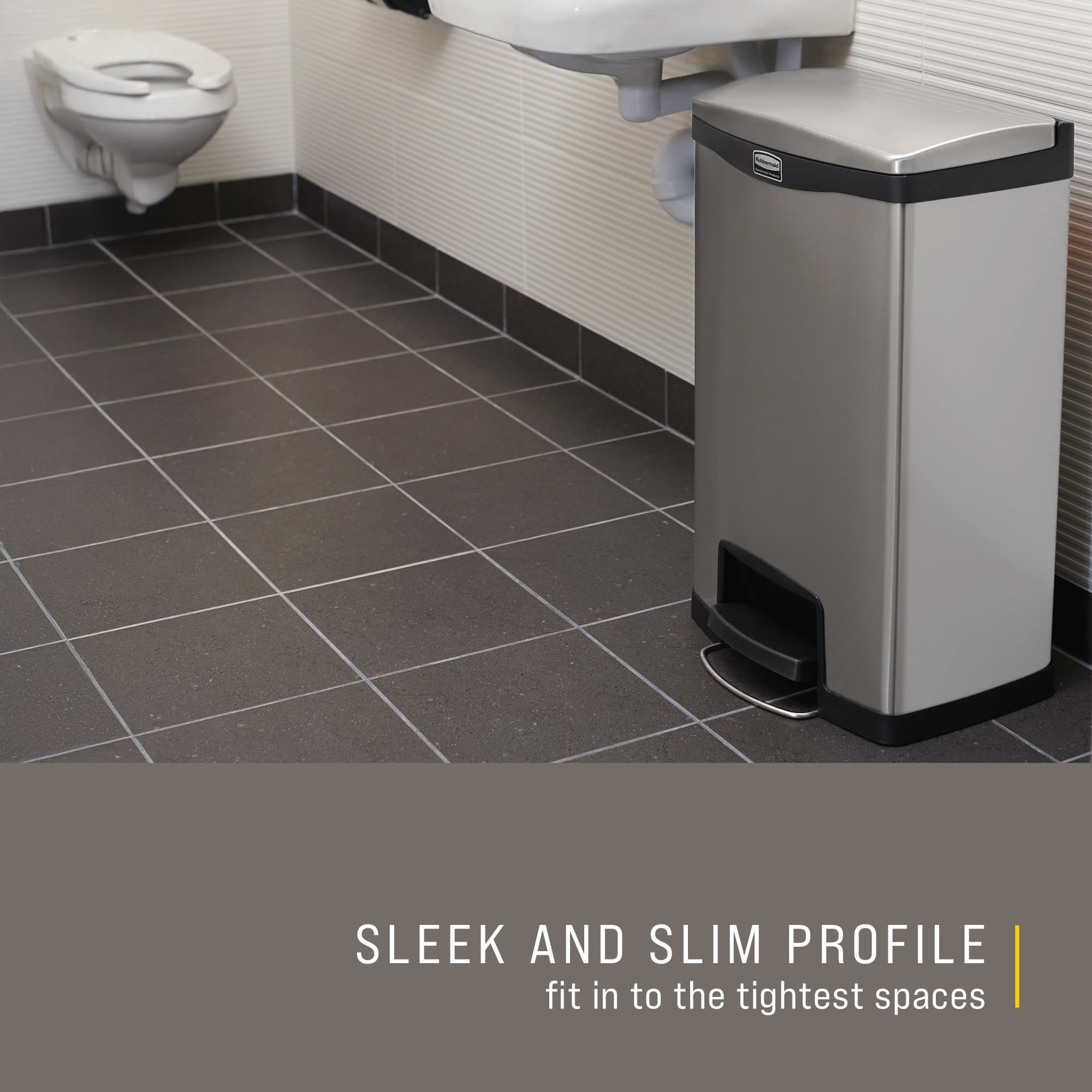 The Rubbermaid Commercial Impressions™ Step-On Container features a slim profile and small footprint to fit in tightest spaces. Impressions™ Step-On containers are constructed with premium-quality materials and meet the needs of any environment with efficiency, safety, and durability.
