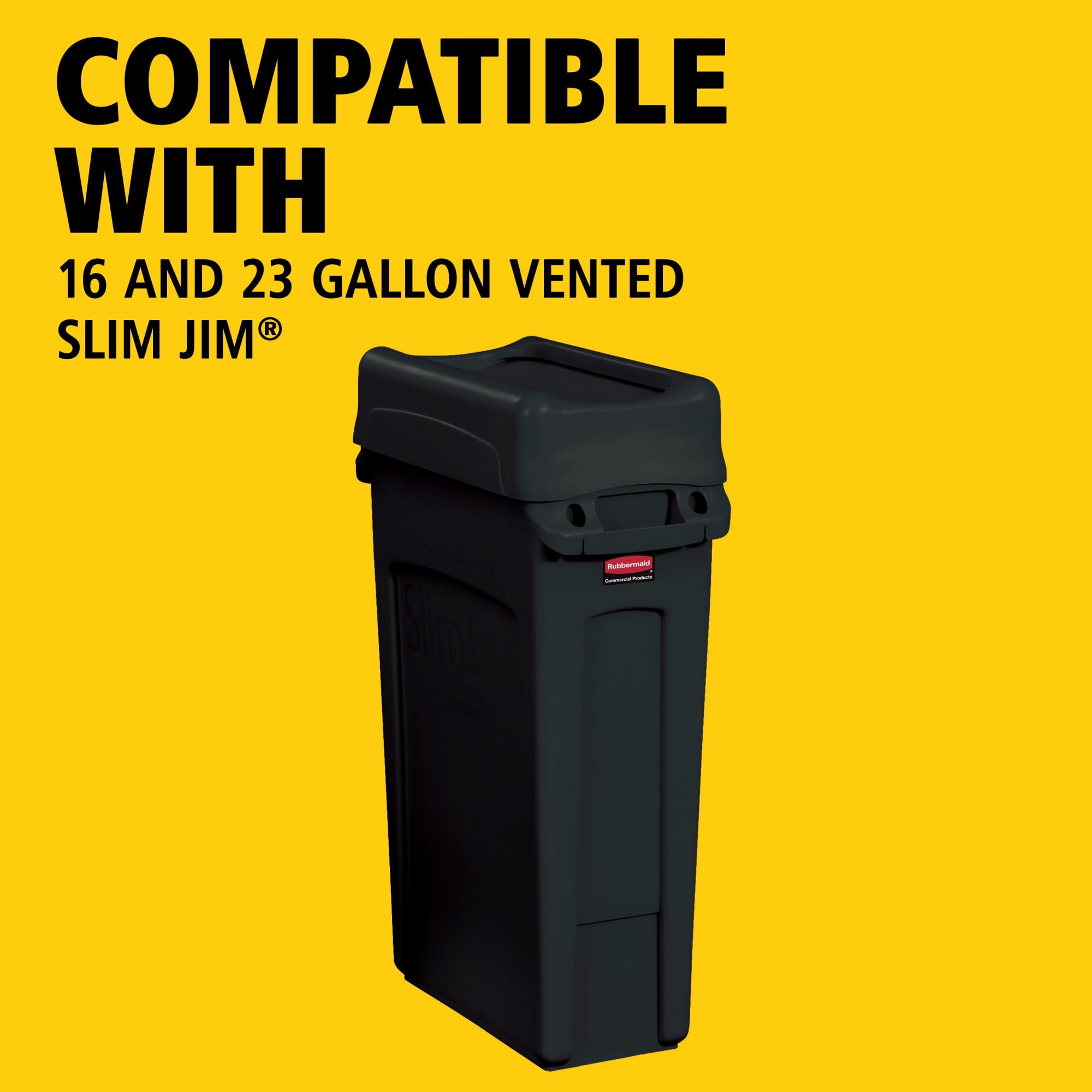 The Rubbermaid Commercial Slim Jim® Swing Lid promotes recycling and improves productivity. The swing lid provides easy access for trash disposal and then swings back to hide trash from public view. Lids encourage waste separation and recycling with interchangeable, color-coded tops. The heavy-duty sturdy plastic is rust-proof and easy to clean.
