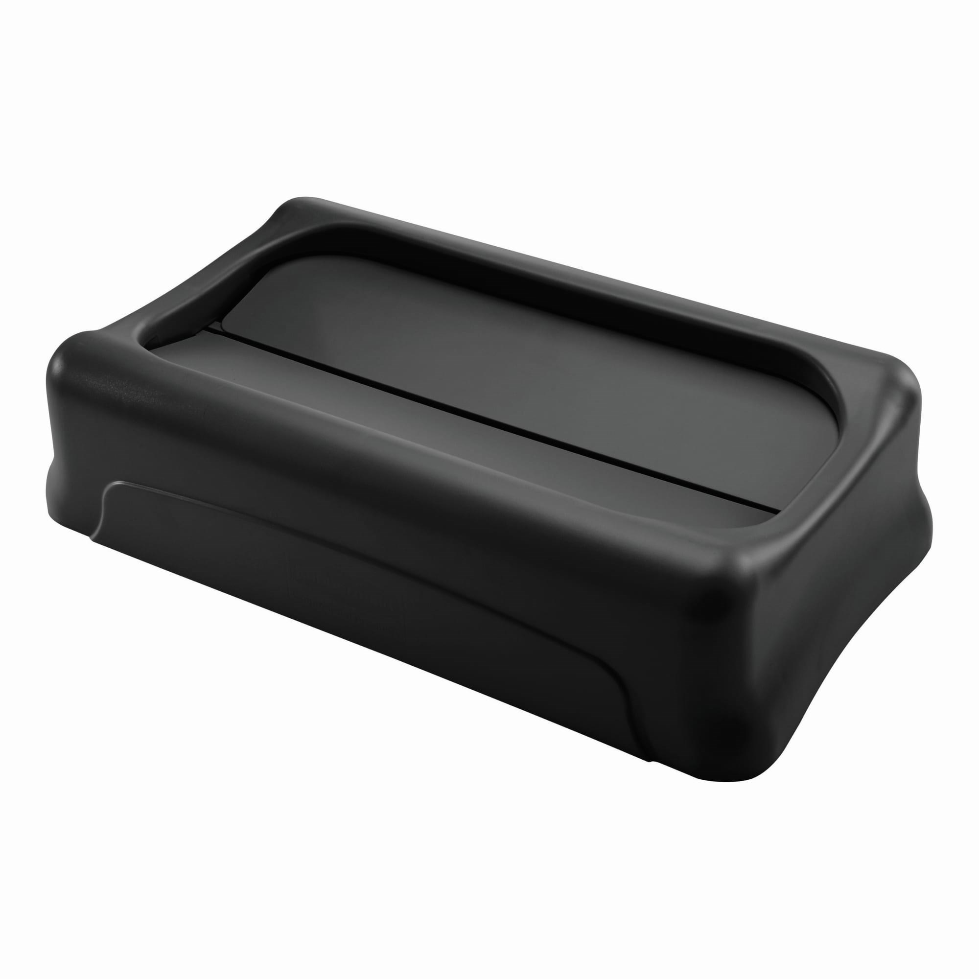 The Rubbermaid Commercial Slim Jim® Swing Lid promotes recycling and improves productivity. The swing lid provides easy access for trash disposal and then swings back to hide trash from public view. Lids encourage waste separation and recycling with interchangeable, color-coded tops. The heavy-duty sturdy plastic is rust-proof and easy to clean.