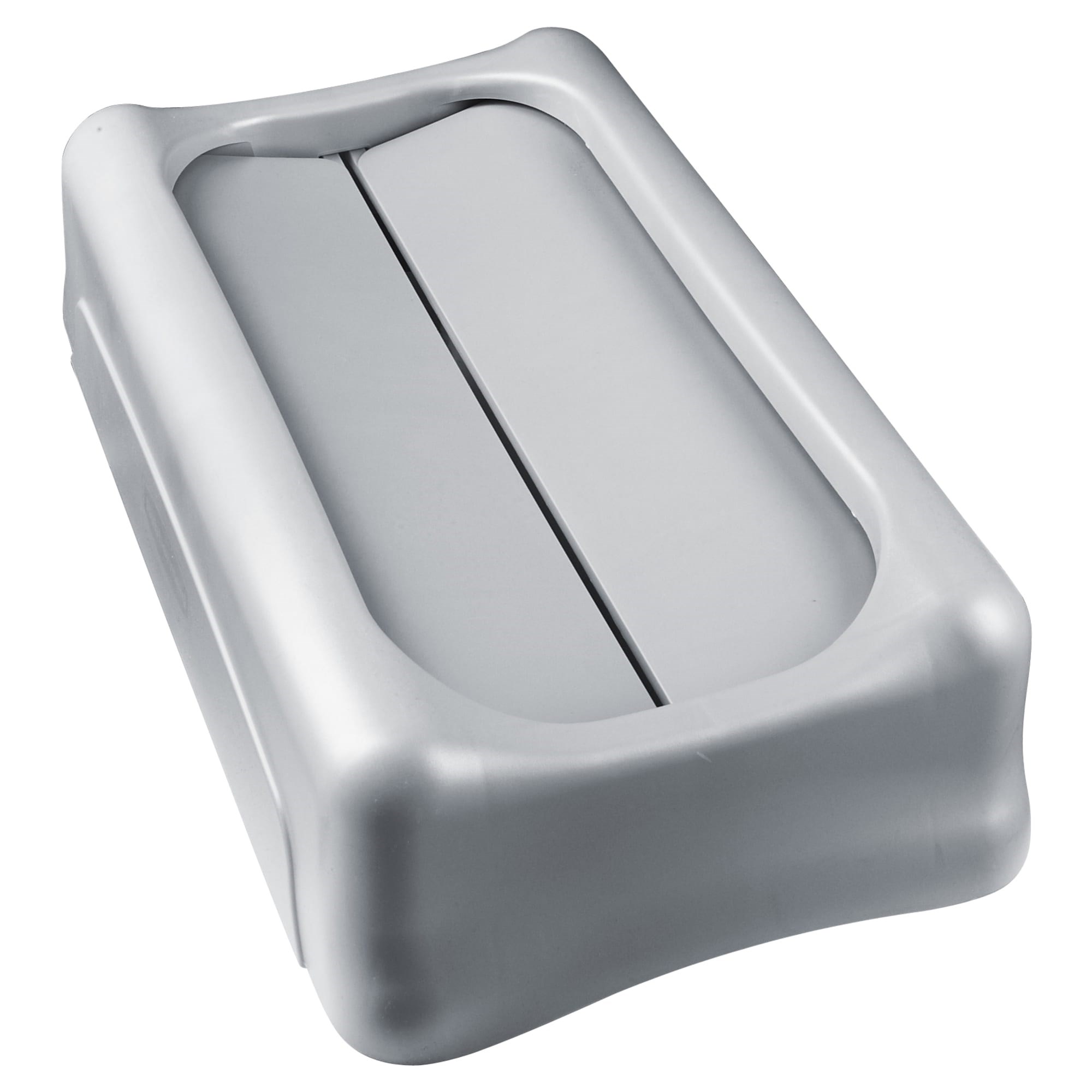 The Rubbermaid Commercial Slim Jim® Swing Lid promotes recycling and improves productivity. The swing lid provides easy access for trash disposal and then swings back to hide trash from public view. Lids encourage waste separation and recycling with interchangeable, color-coded tops. The heavy-duty sturdy plastic is rust-proof and easy to clean.