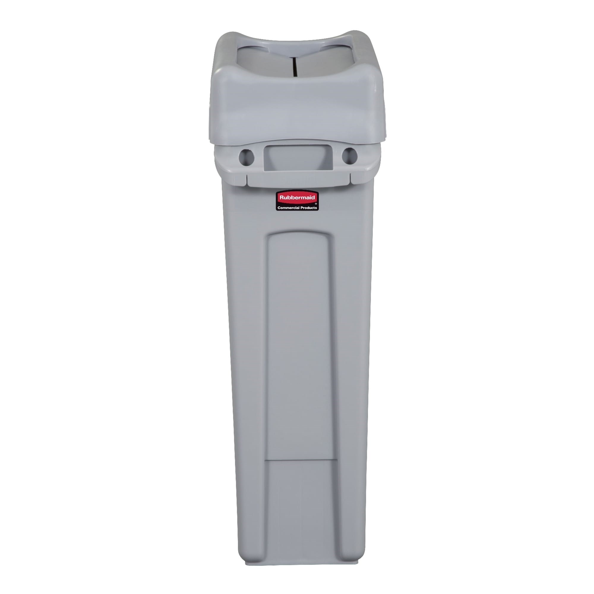 The Rubbermaid Commercial Slim Jim® Swing Lid promotes recycling and improves productivity. The swing lid provides easy access for trash disposal and then swings back to hide trash from public view. Lids encourage waste separation and recycling with interchangeable, color-coded tops. The heavy-duty sturdy plastic is rust-proof and easy to clean.