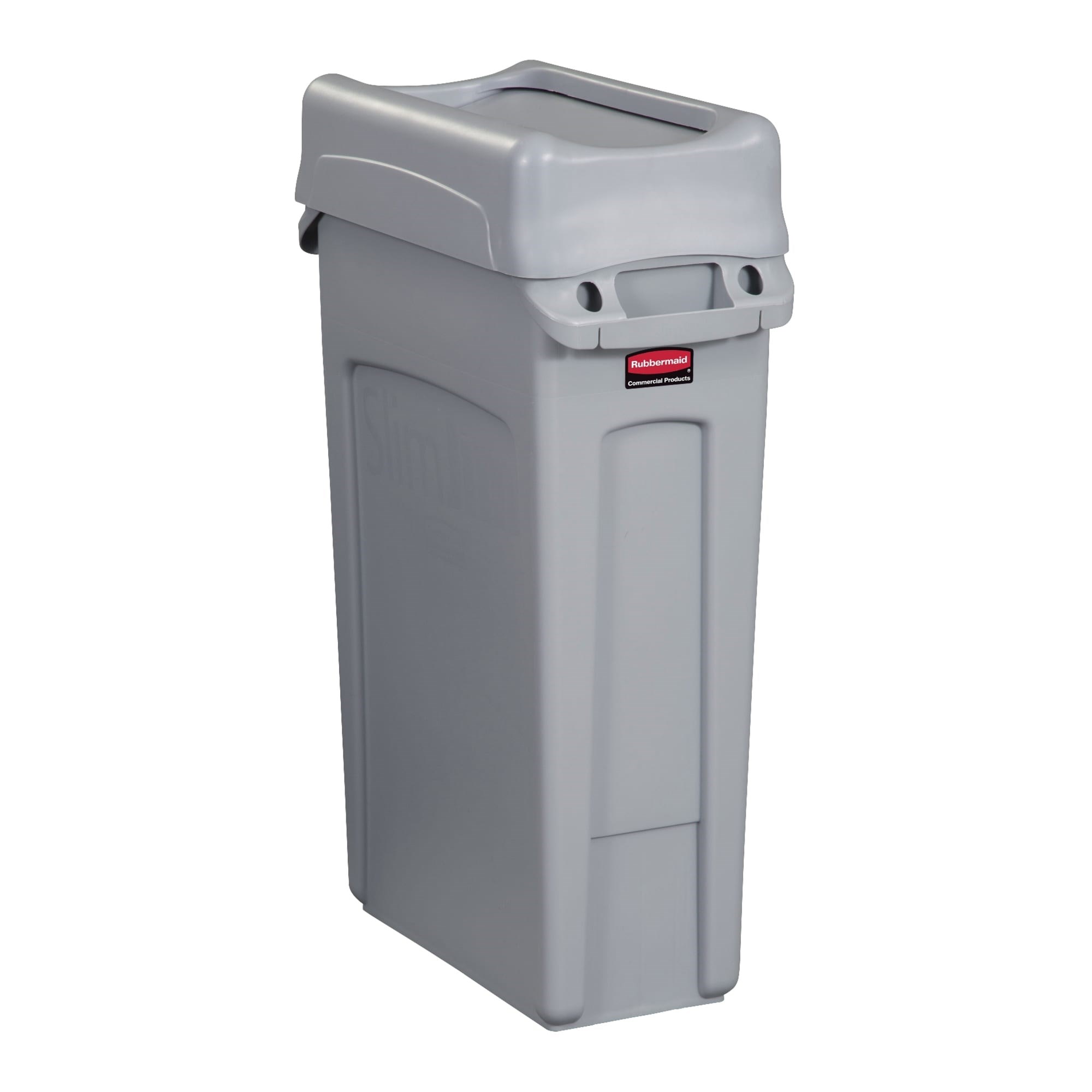 The Rubbermaid Commercial Slim Jim® Swing Lid promotes recycling and improves productivity. The swing lid provides easy access for trash disposal and then swings back to hide trash from public view. Lids encourage waste separation and recycling with interchangeable, color-coded tops. The heavy-duty sturdy plastic is rust-proof and easy to clean.
