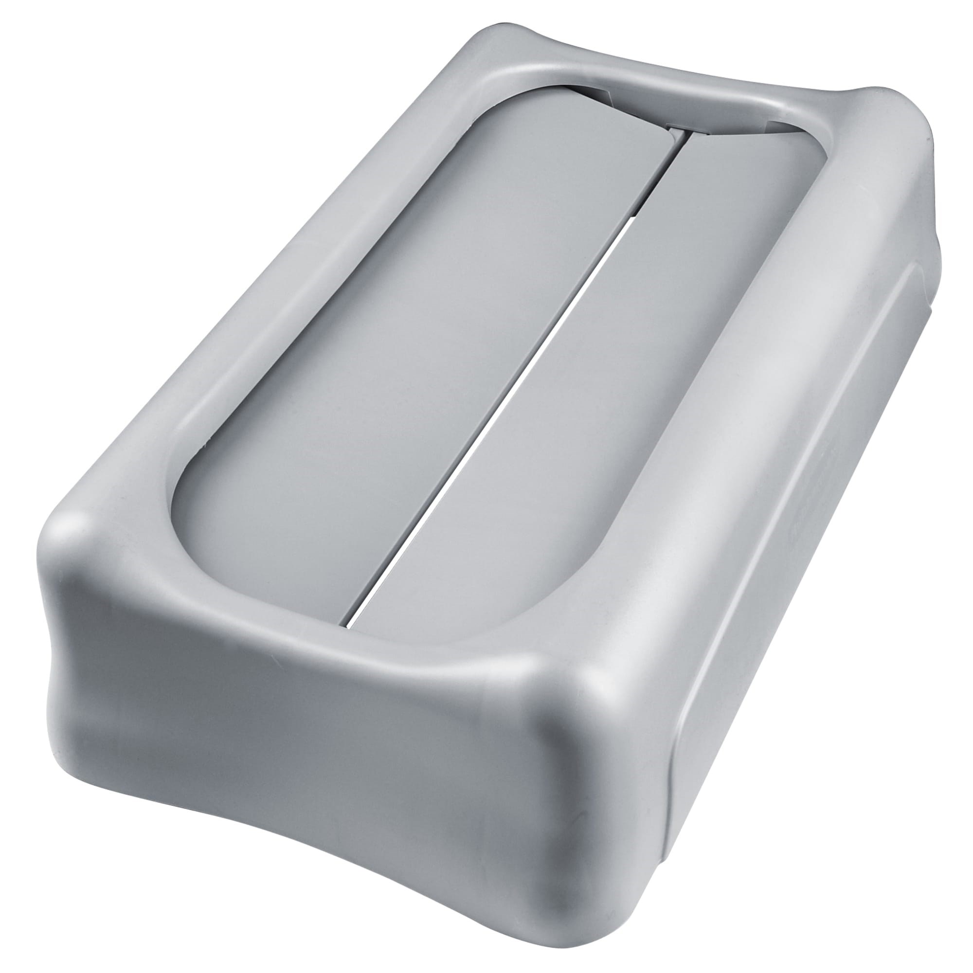 The Rubbermaid Commercial Slim Jim® Swing Lid promotes recycling and improves productivity. The swing lid provides easy access for trash disposal and then swings back to hide trash from public view. Lids encourage waste separation and recycling with interchangeable, color-coded tops. The heavy-duty sturdy plastic is rust-proof and easy to clean.