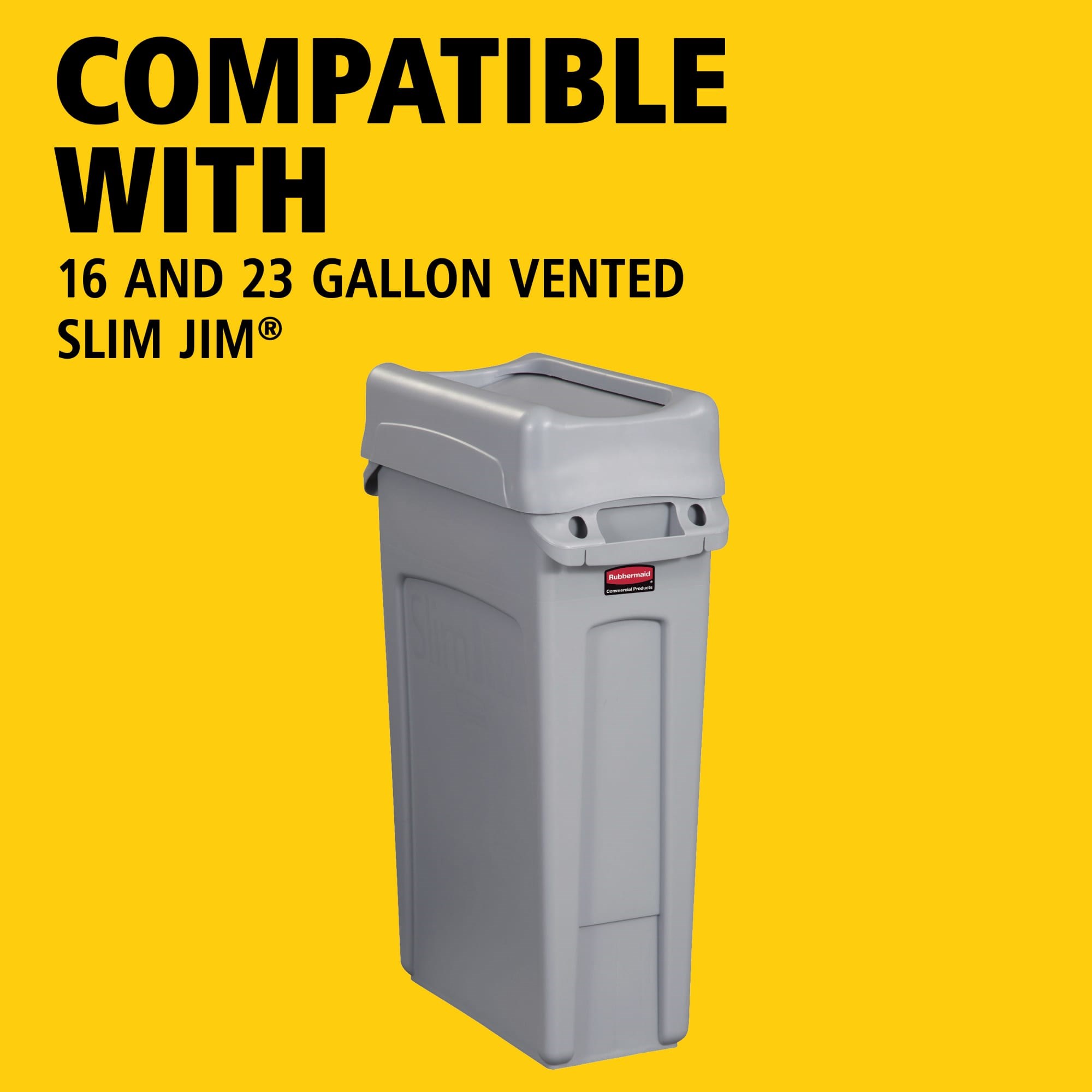 The Rubbermaid Commercial Slim Jim® Swing Lid promotes recycling and improves productivity. The swing lid provides easy access for trash disposal and then swings back to hide trash from public view. Lids encourage waste separation and recycling with interchangeable, color-coded tops. The heavy-duty sturdy plastic is rust-proof and easy to clean.