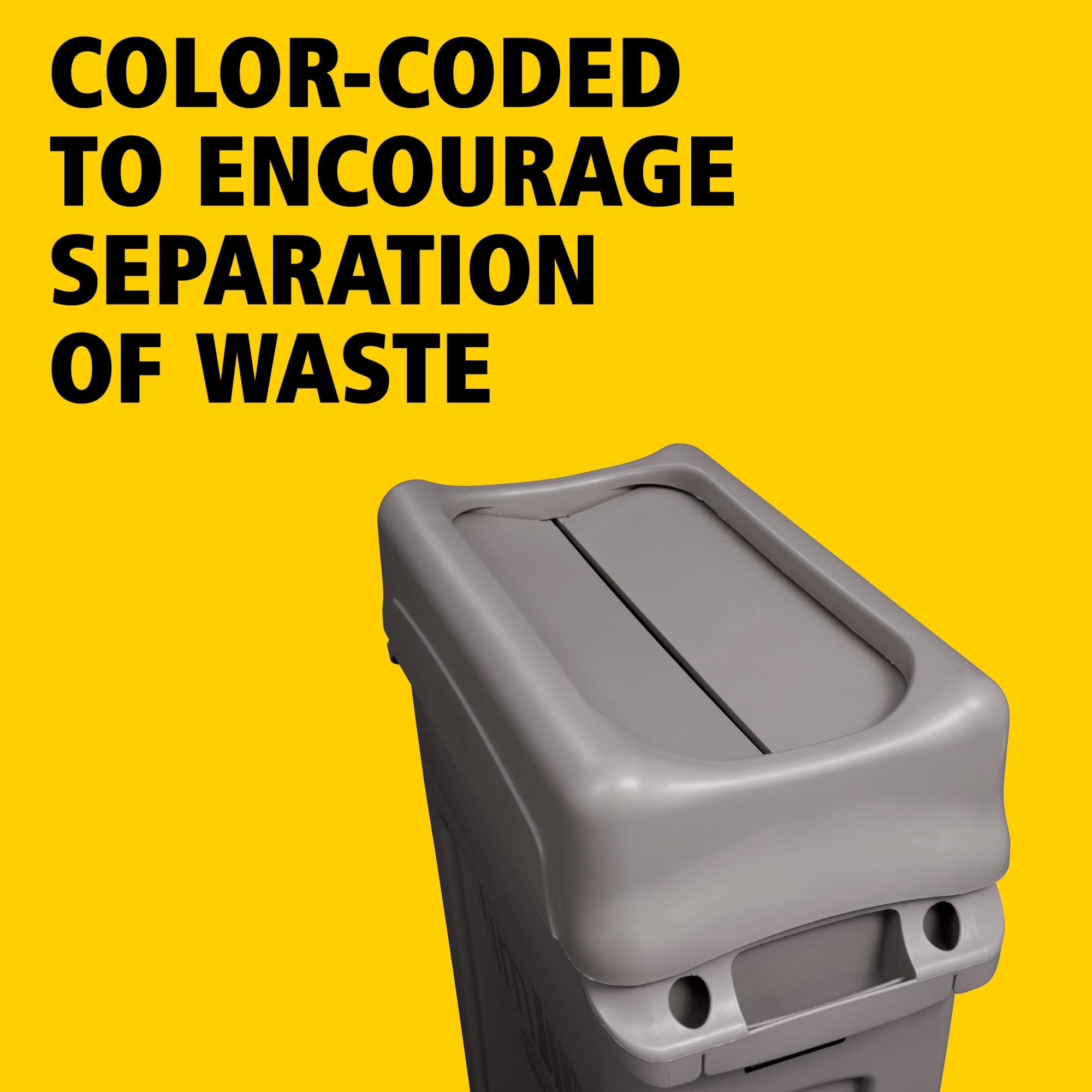 The Rubbermaid Commercial Slim Jim® Swing Lid promotes recycling and improves productivity. The swing lid provides easy access for trash disposal and then swings back to hide trash from public view. Lids encourage waste separation and recycling with interchangeable, color-coded tops. The heavy-duty sturdy plastic is rust-proof and easy to clean.