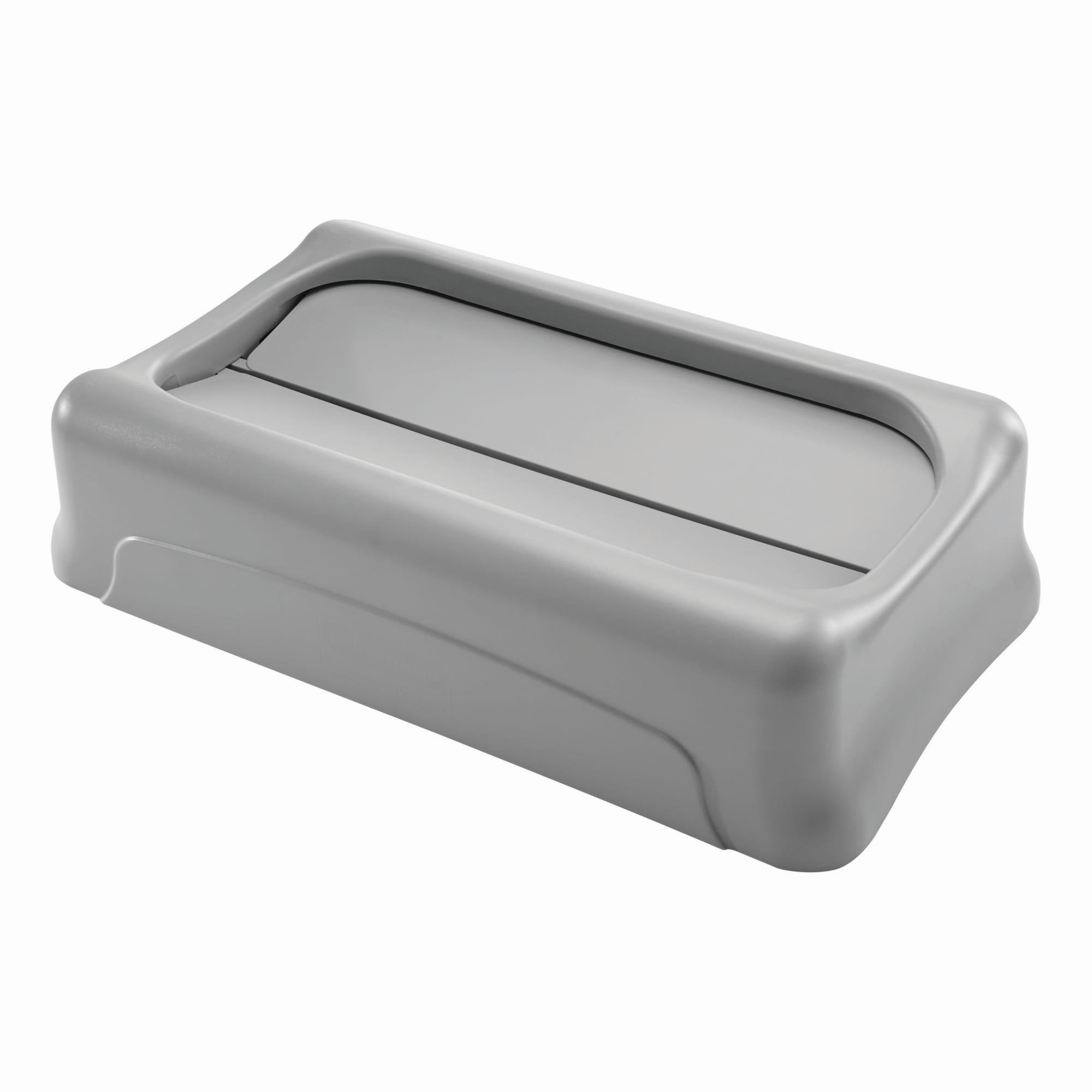 The Rubbermaid Commercial Slim Jim® Swing Lid promotes recycling and improves productivity. The swing lid provides easy access for trash disposal and then swings back to hide trash from public view. Lids encourage waste separation and recycling with interchangeable, color-coded tops. The heavy-duty sturdy plastic is rust-proof and easy to clean.