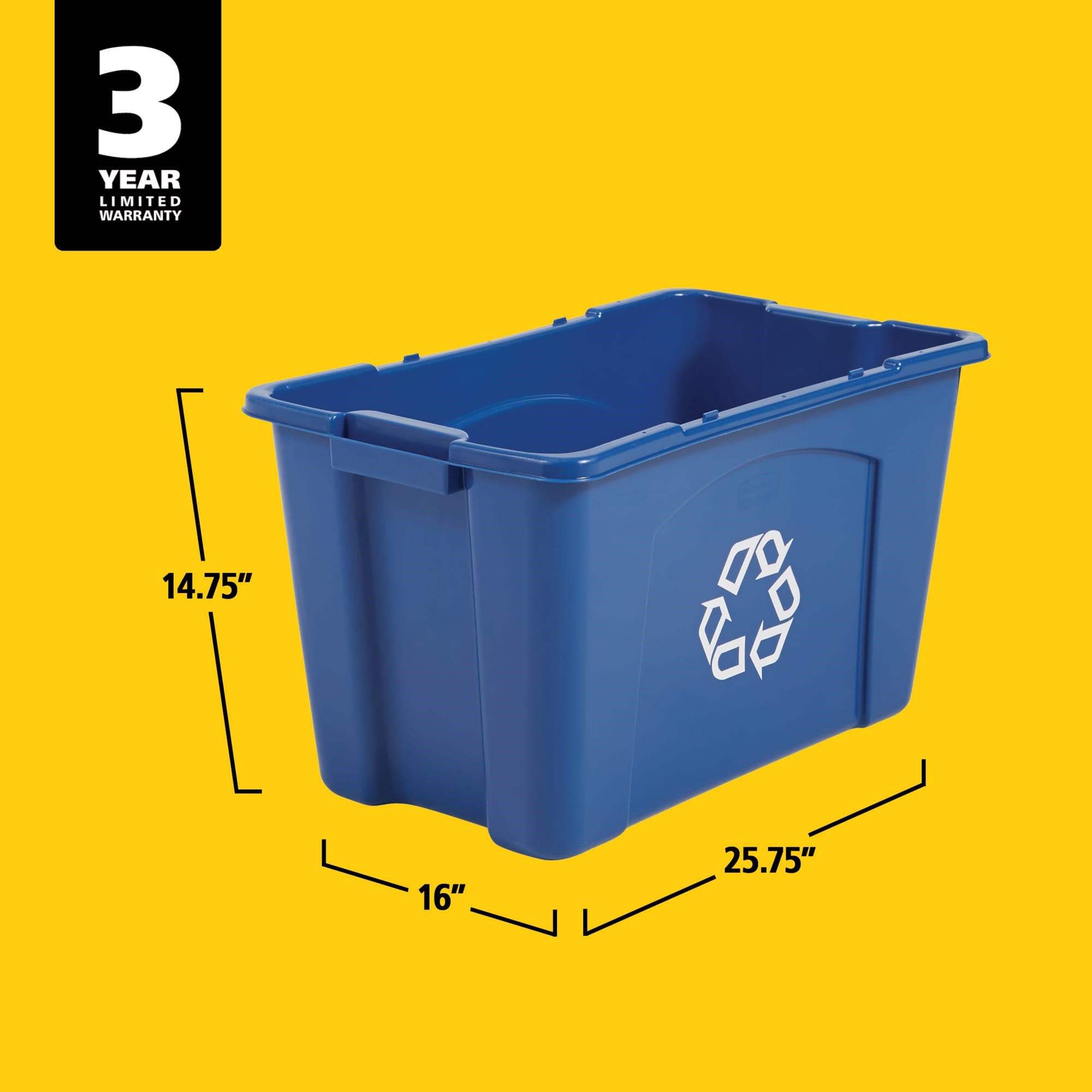 The Rubbermaid Commercial Recycling Bin is made of post-consumer recycled resin for commercial recycling use.