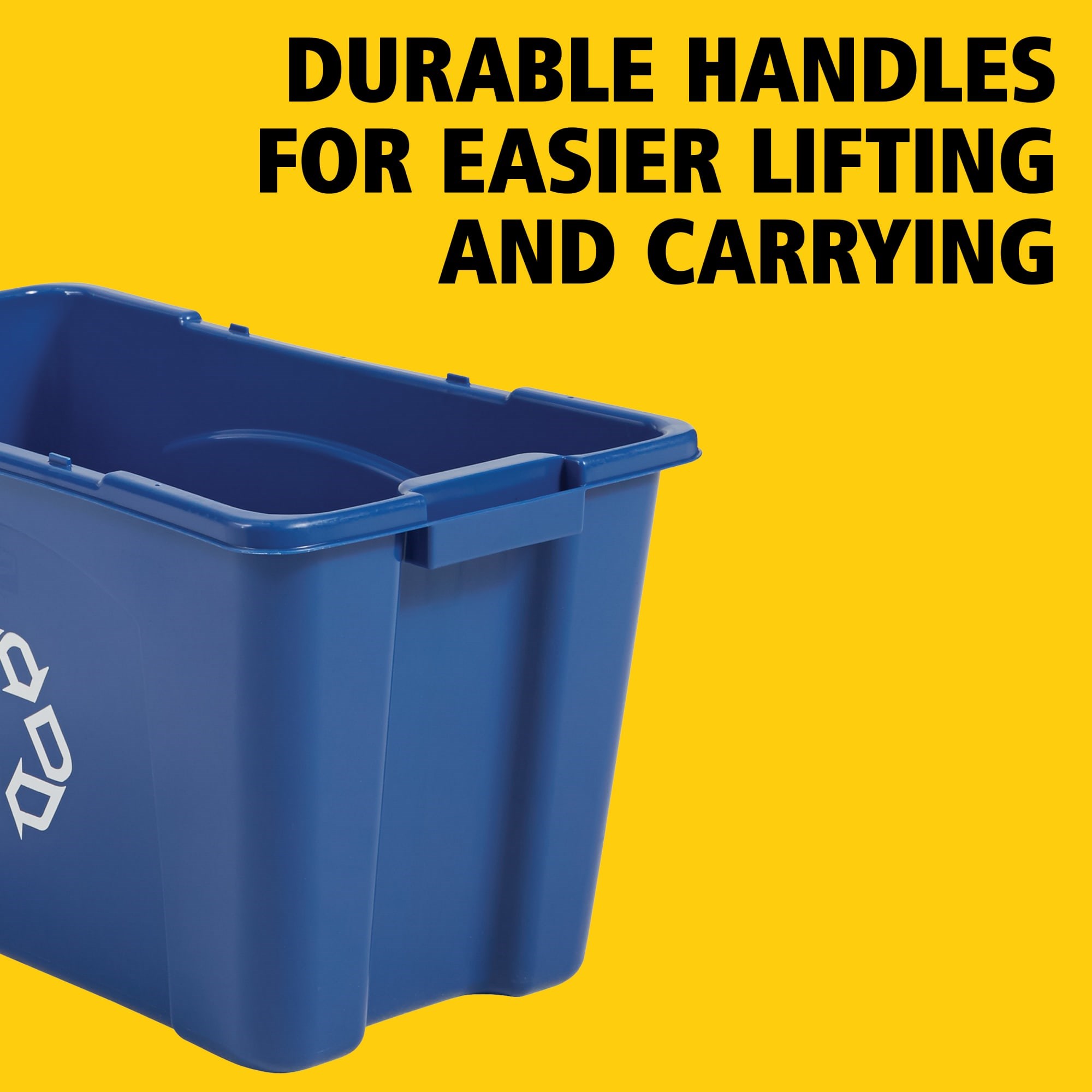 The Rubbermaid Commercial Recycling Bin is made of post-consumer recycled resin for commercial recycling use.