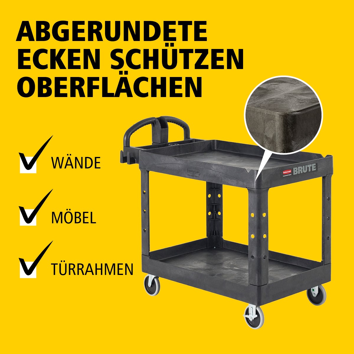 Der BRUTE Heavy-Duty Mehrzweckwagen mit erhöhten Rändern transportiert Materialien und schwere Lasten sicher bis zu 226 kg – 340 kg (modellabhängig), mit Optionen für 2, 3 oder 4 Ebenen für zusätzliche Kapazität. Die erhöhten Ränder verhindern das Herunterfallen von Gegenständen, und der ergonomische Griff sorgt für einfache Handhabung. Die integrierte V-Nut hält Rohre sicher beim Schneiden.