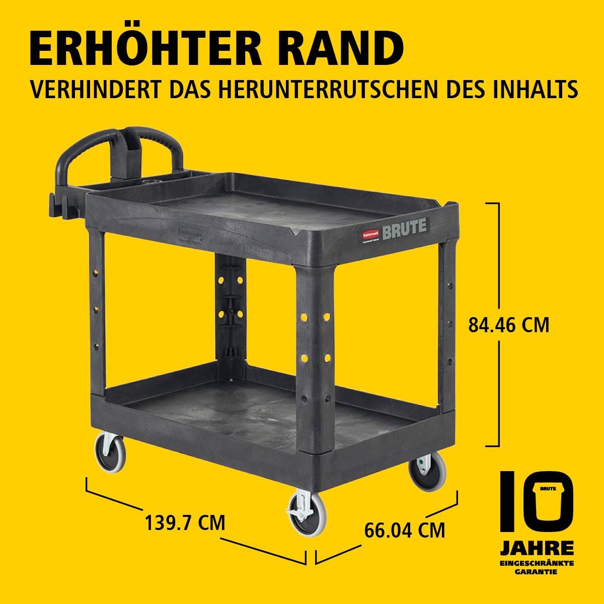 Der BRUTE Heavy-Duty Mehrzweckwagen mit erhöhten Rändern transportiert Materialien und schwere Lasten sicher bis zu 226 kg – 340 kg (modellabhängig), mit Optionen für 2, 3 oder 4 Ebenen für zusätzliche Kapazität. Die erhöhten Ränder verhindern das Herunterfallen von Gegenständen, und der ergonomische Griff sorgt für einfache Handhabung. Die integrierte V-Nut hält Rohre sicher beim Schneiden.