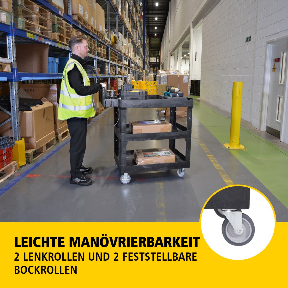 Der BRUTE Heavy-Duty Mehrzweckwagen mit erhöhten Rändern transportiert Materialien und schwere Lasten sicher bis zu 226 kg – 340 kg (modellabhängig), mit Optionen für 2, 3 oder 4 Ebenen für zusätzliche Kapazität. Die erhöhten Ränder verhindern das Herunterfallen von Gegenständen, und der ergonomische Griff sorgt für einfache Handhabung. Die integrierte V-Nut hält Rohre sicher beim Schneiden.