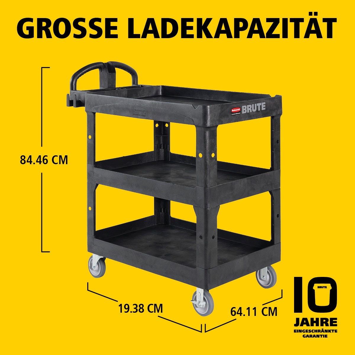 Der BRUTE Heavy-Duty Mehrzweckwagen mit erhöhten Rändern transportiert Materialien und schwere Lasten sicher bis zu 226 kg – 340 kg (modellabhängig), mit Optionen für 2, 3 oder 4 Ebenen für zusätzliche Kapazität. Die erhöhten Ränder verhindern das Herunterfallen von Gegenständen, und der ergonomische Griff sorgt für einfache Handhabung. Die integrierte V-Nut hält Rohre sicher beim Schneiden.