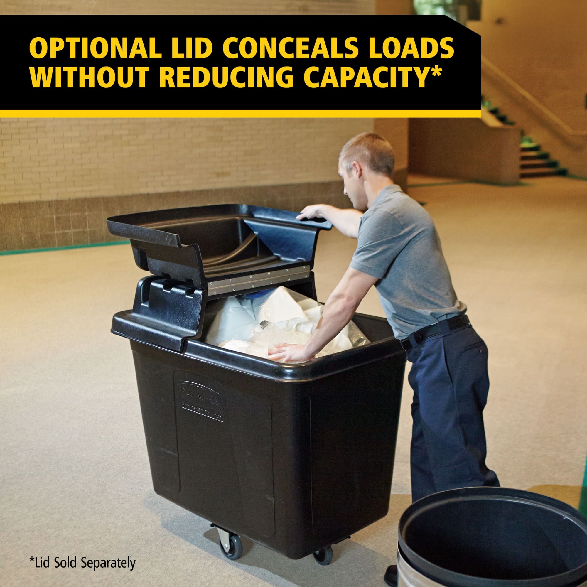 The Rubbermaid Commercial 16 cu ft Cube Truck is part of a full line of Cube Trucks assisting in waste collection, material transport, and laundry handling.