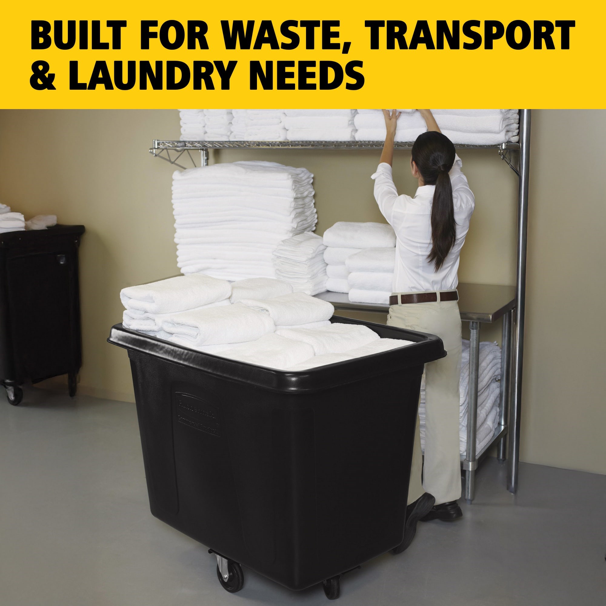 The Rubbermaid Commercial 16 cu ft Cube Truck is part of a full line of Cube Trucks assisting in waste collection, material transport, and laundry handling.