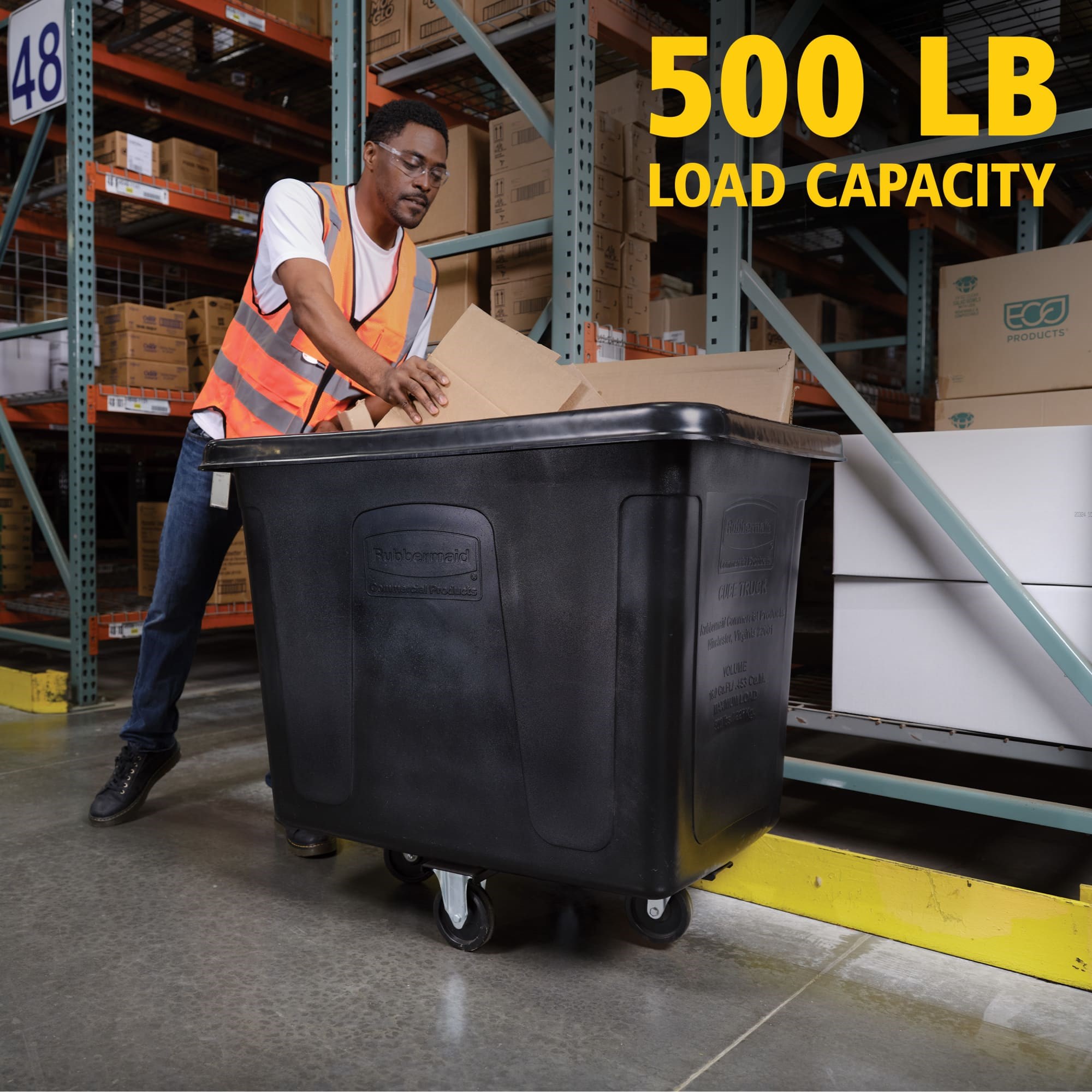 The Rubbermaid Commercial 16 cu ft Cube Truck is part of a full line of Cube Trucks assisting in waste collection, material transport, and laundry handling.