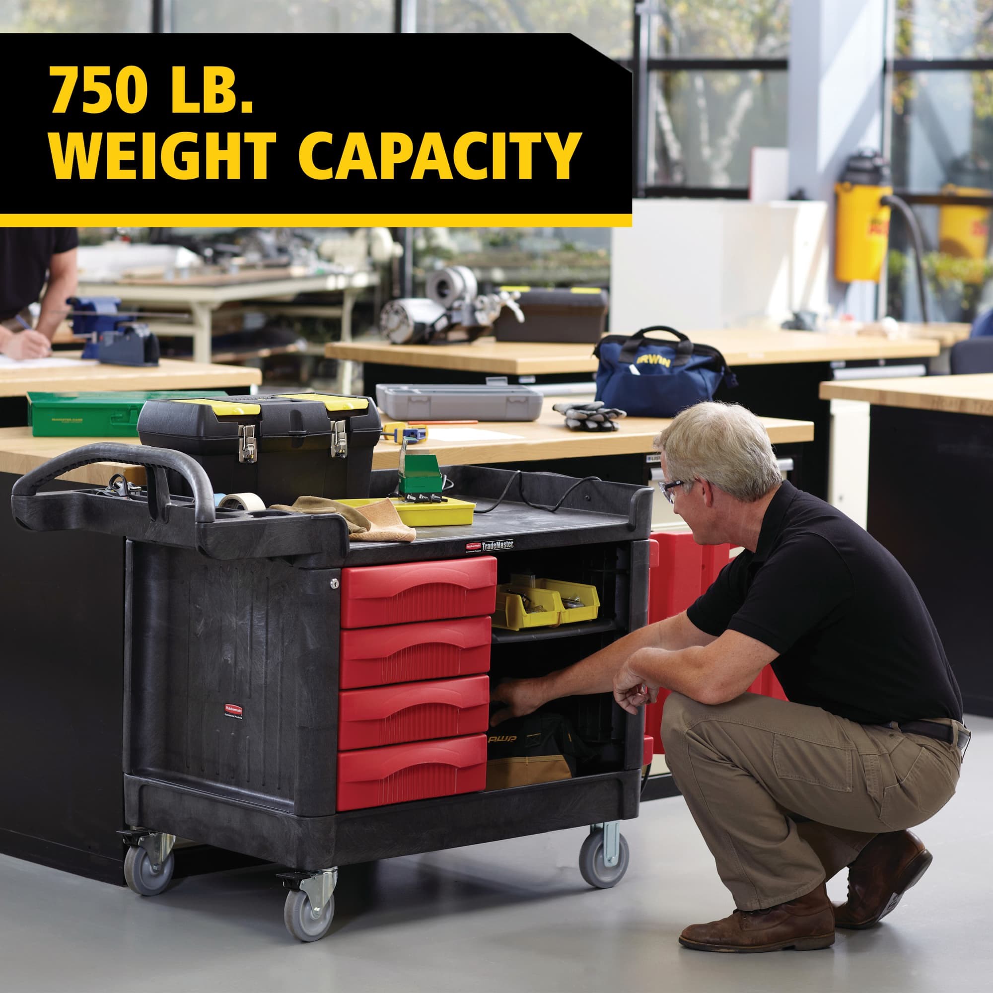 The TradeMaster Cart with 4 Drawers and Cabinet is a complete tool storage and mobile workbench system, with shelving and cabinet configurations to meet any storage needs.