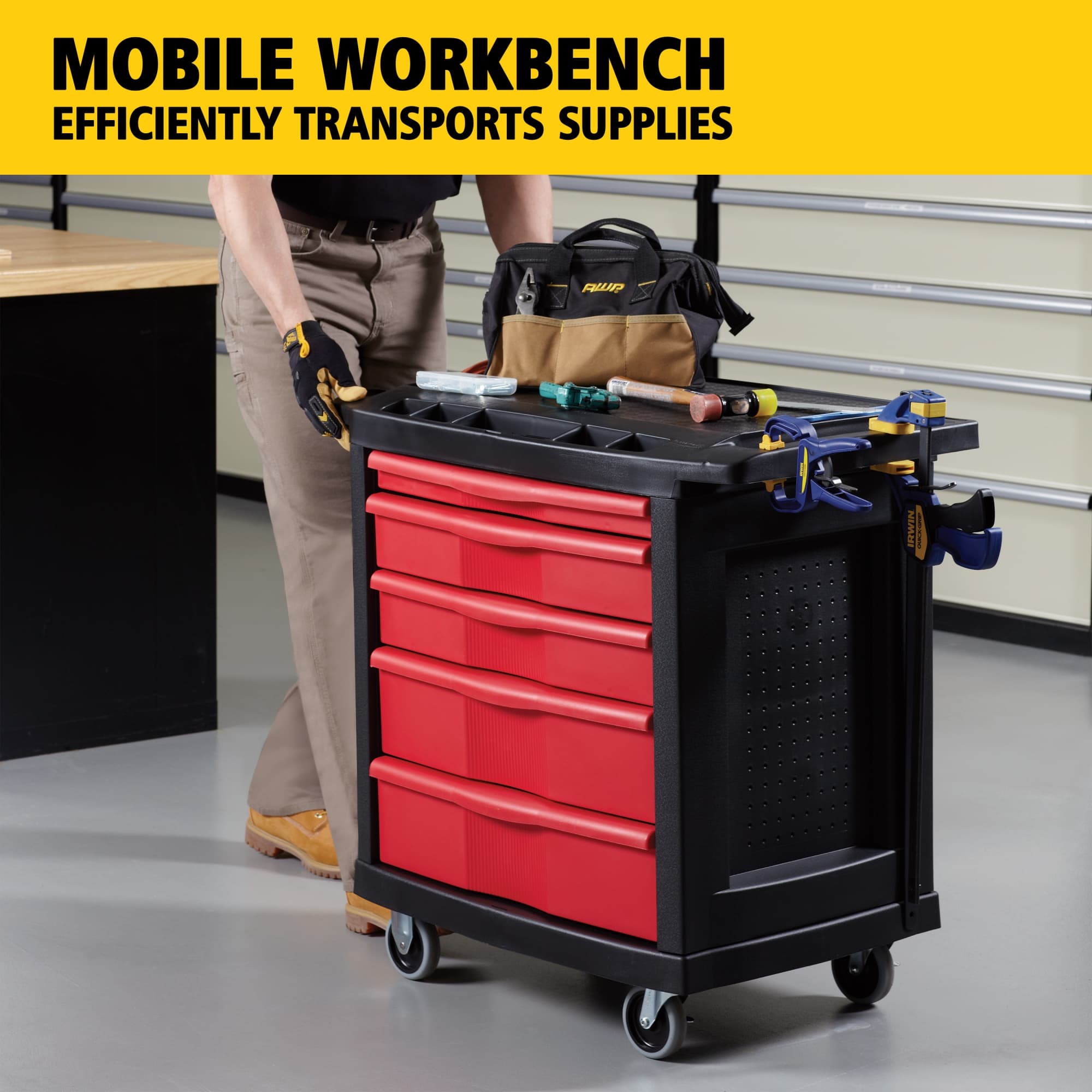 The 5-Drawer Mobile Work Center is a comprehensive mobile workbench with easy-to-organize tool storage.