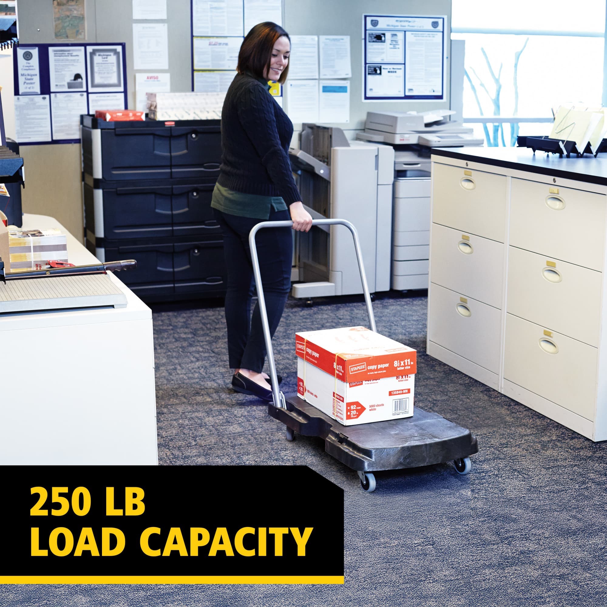 The Rubbermaid Commercial Triple Trolley efficiently transports large bulky loads and then folds flat for easy storage.