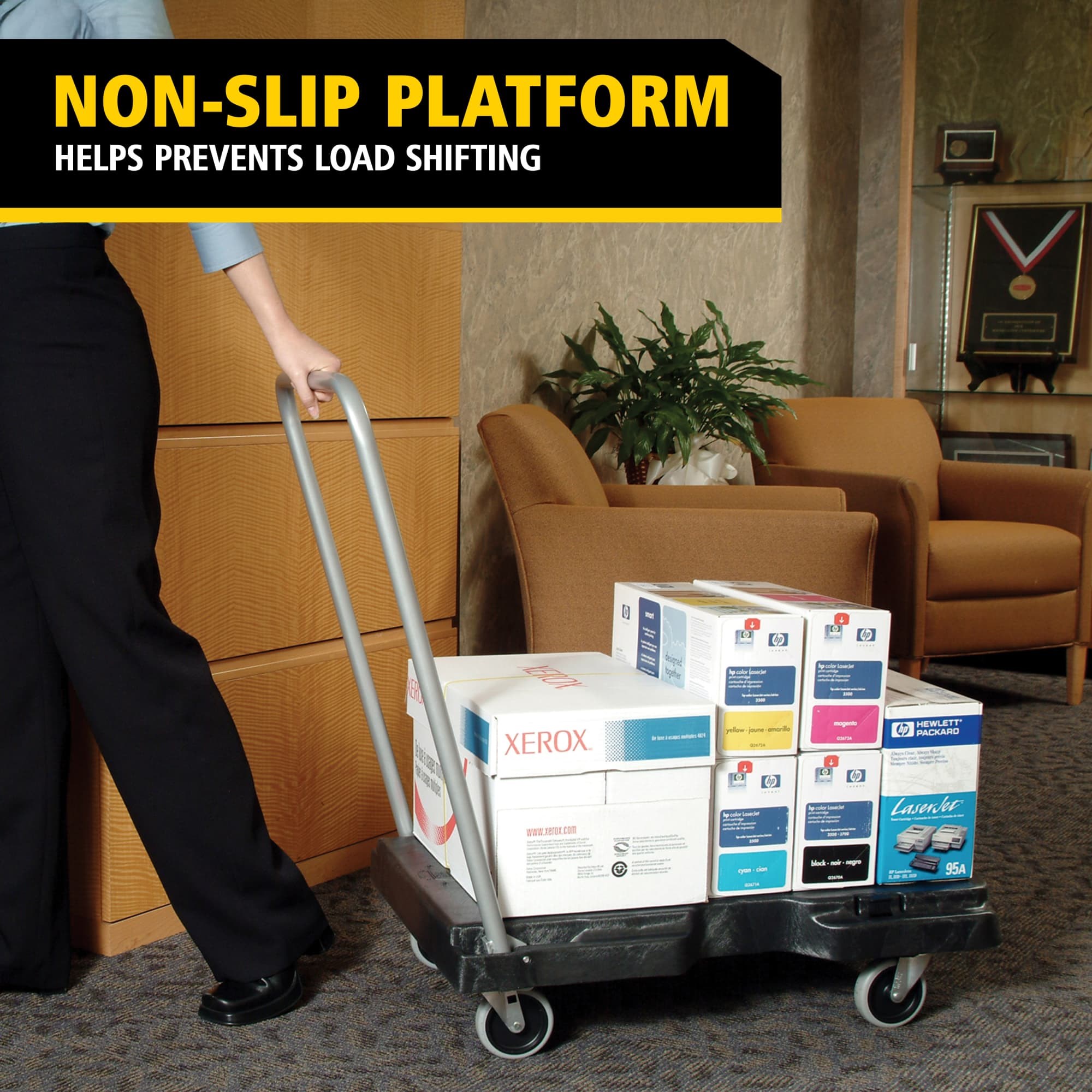 The Rubbermaid Commercial Triple Trolley efficiently transports large bulky loads and then folds flat for easy storage.