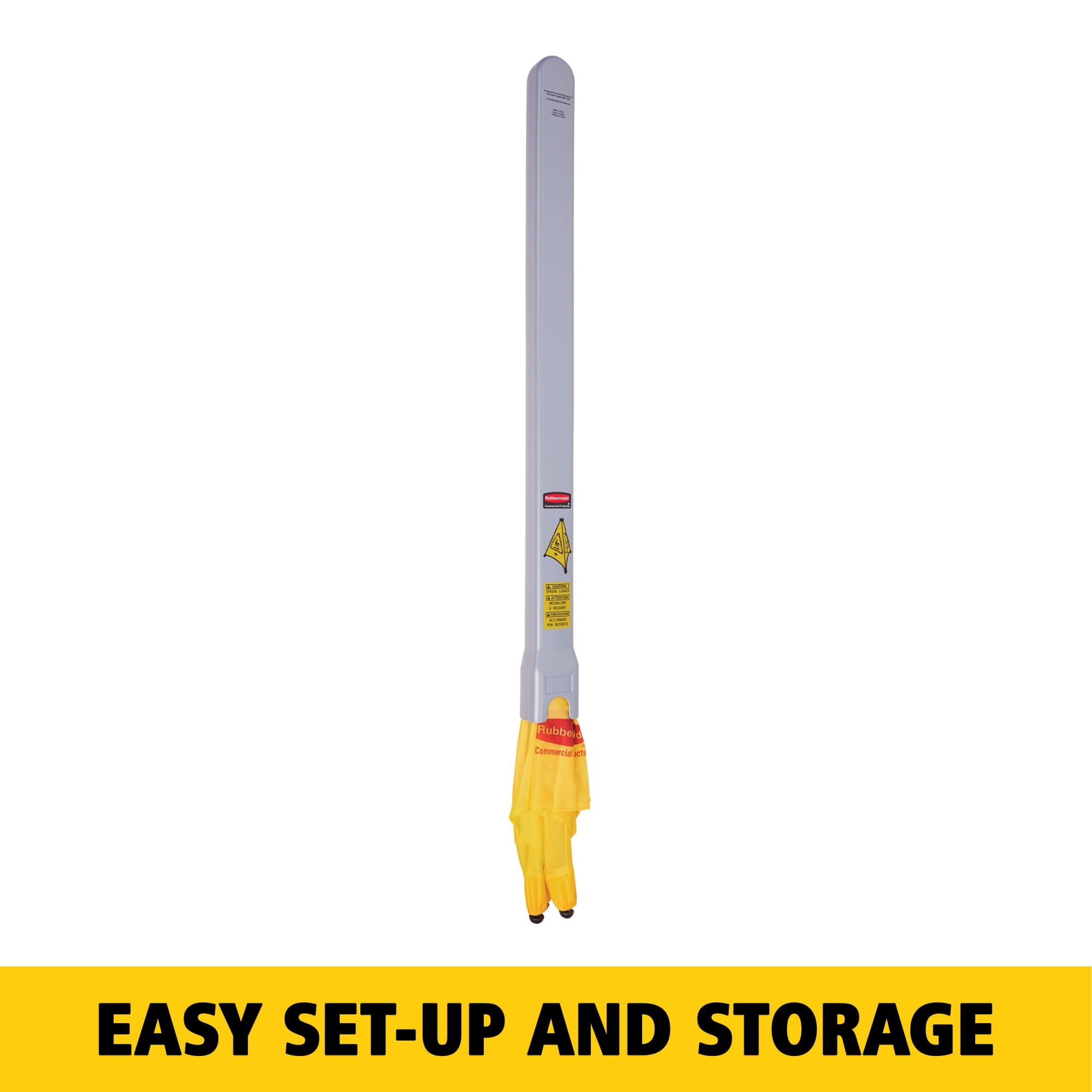 Collapsible sign automatically deploys when removed from wall-mounted storage tube. Multilingual safety communication utilizes ANSI/OSHA-compliant color and graphics