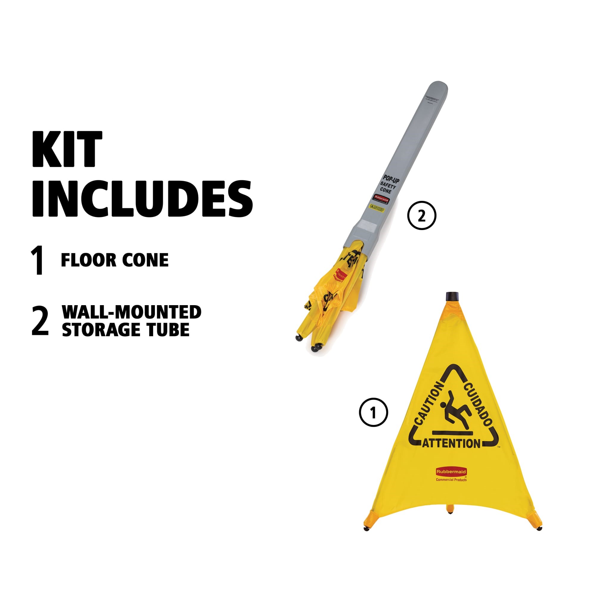 Collapsible sign automatically deploys when removed from wall-mounted storage tube. Multilingual safety communication utilizes ANSI/OSHA-compliant color and graphics