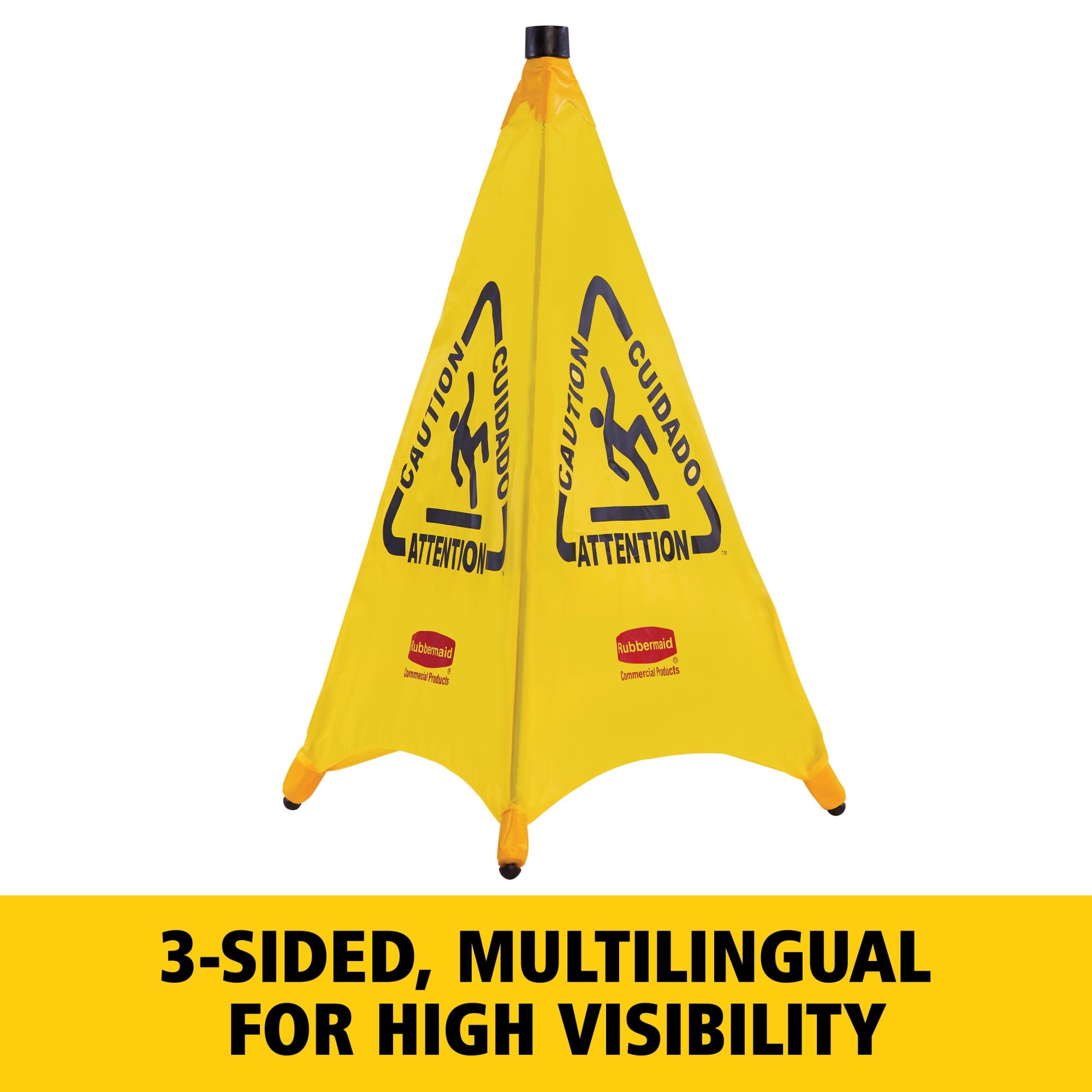 Collapsible sign automatically deploys when removed from wall-mounted storage tube. Multilingual safety communication utilizes ANSI/OSHA-compliant color and graphics